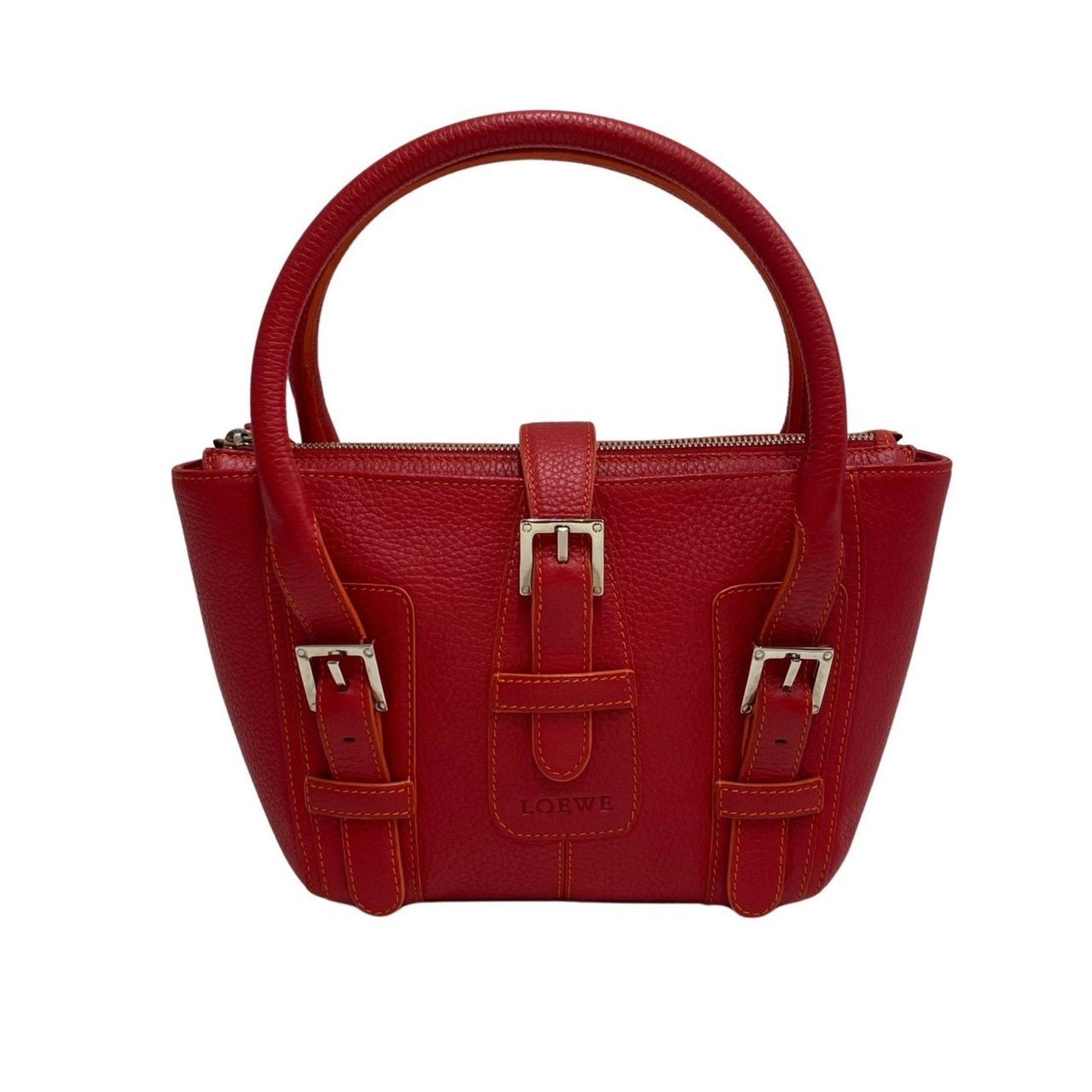 image of Loewe Senda Logo Engraved Leather Genuine Handbag Mini Tote Bag Boston Red 49704, Women's