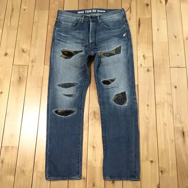 BAPE camo Damaged denim pants a bathing ape ★size M