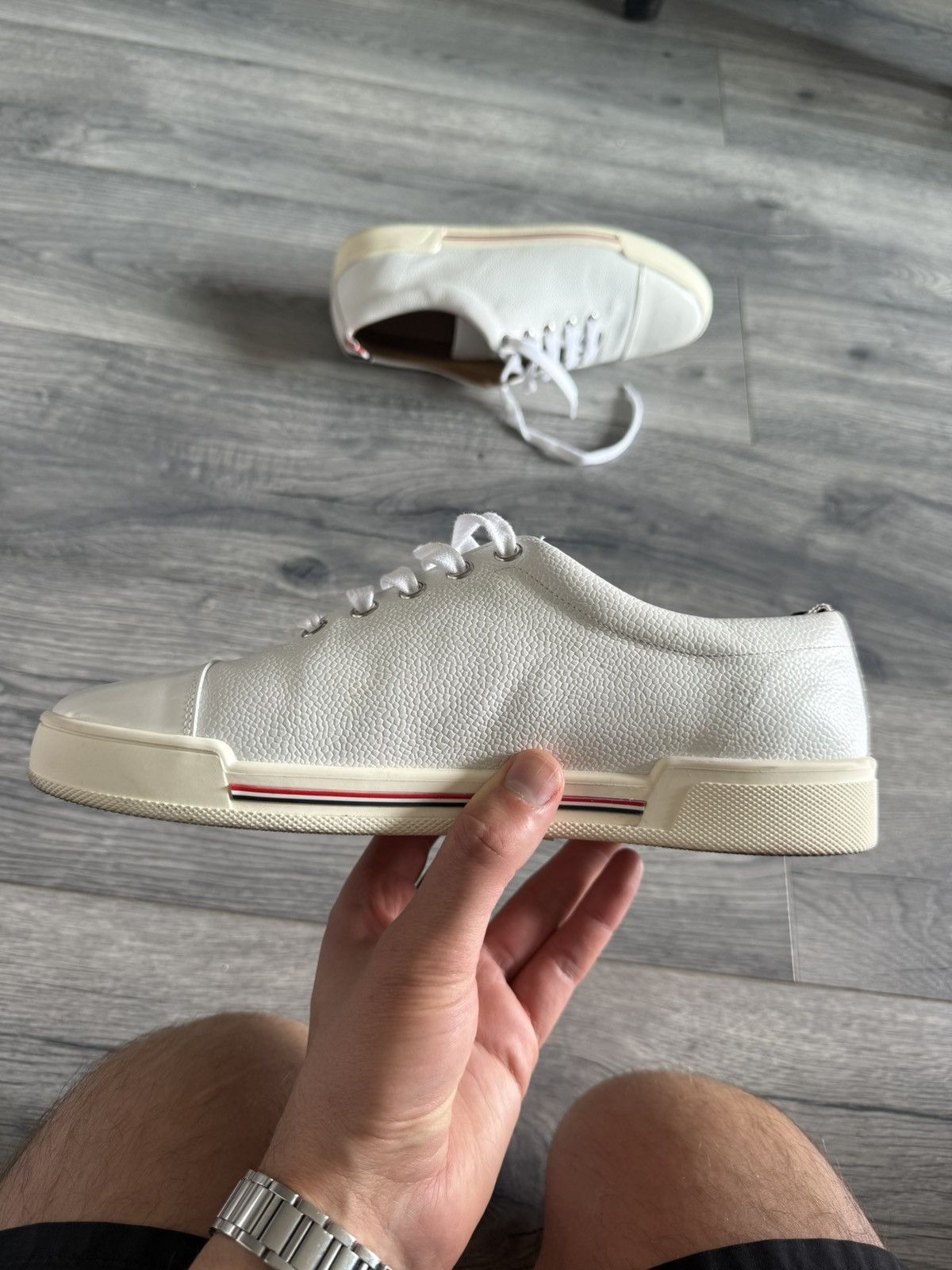 Thom Browne White Pebbled Leather Low-Top Sneakers Size US 7 / EU 40 - 5 Thumbnail