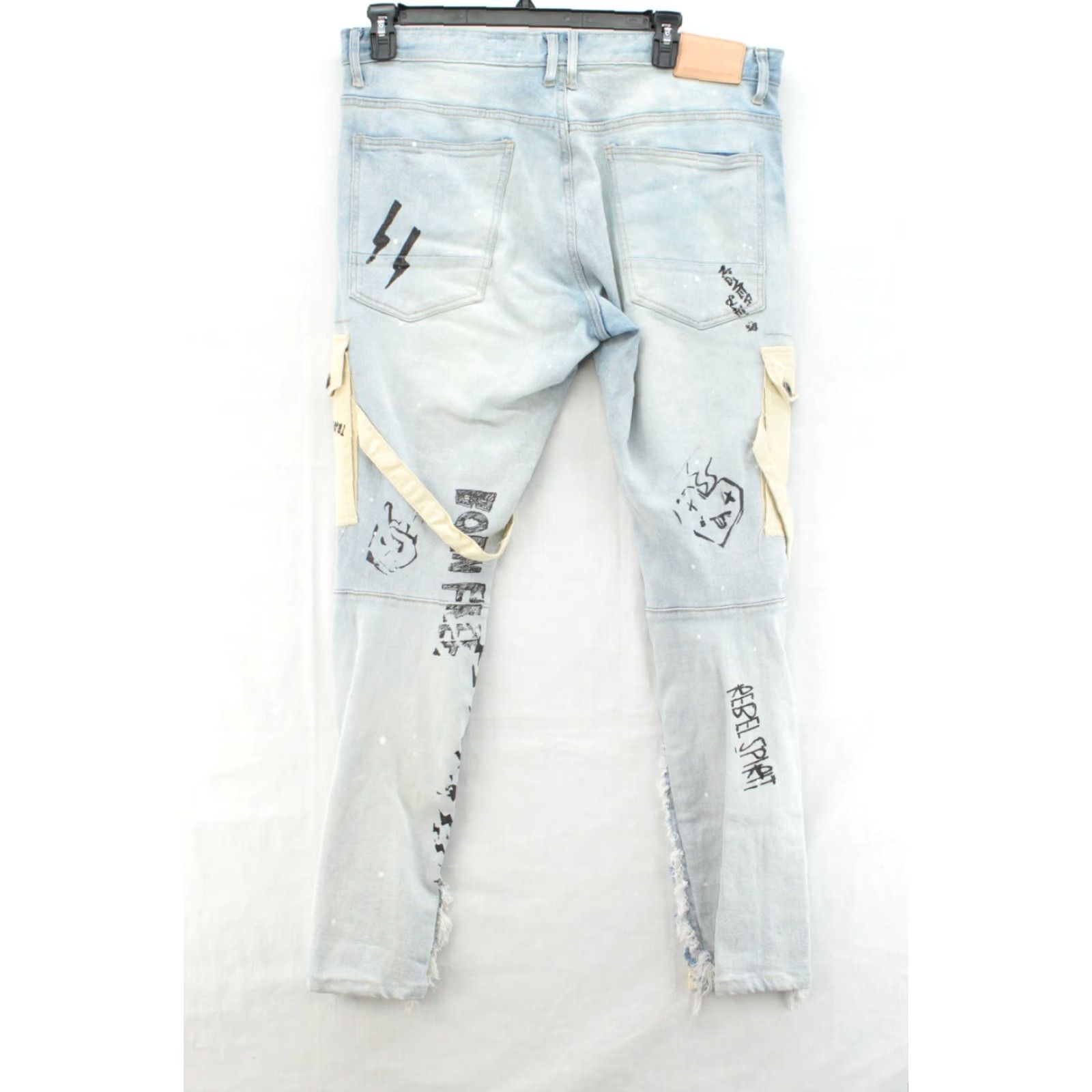 Vintage VINTAGE Smoke Rise Jeans Mens 38X32 5-Pocket Denim Distressed Graphic Streetwear Urban 90s Punk Hip Hop Skull Band City Logo Patches Fringes Size US 38 / EU 54 - 3 Thumbnail