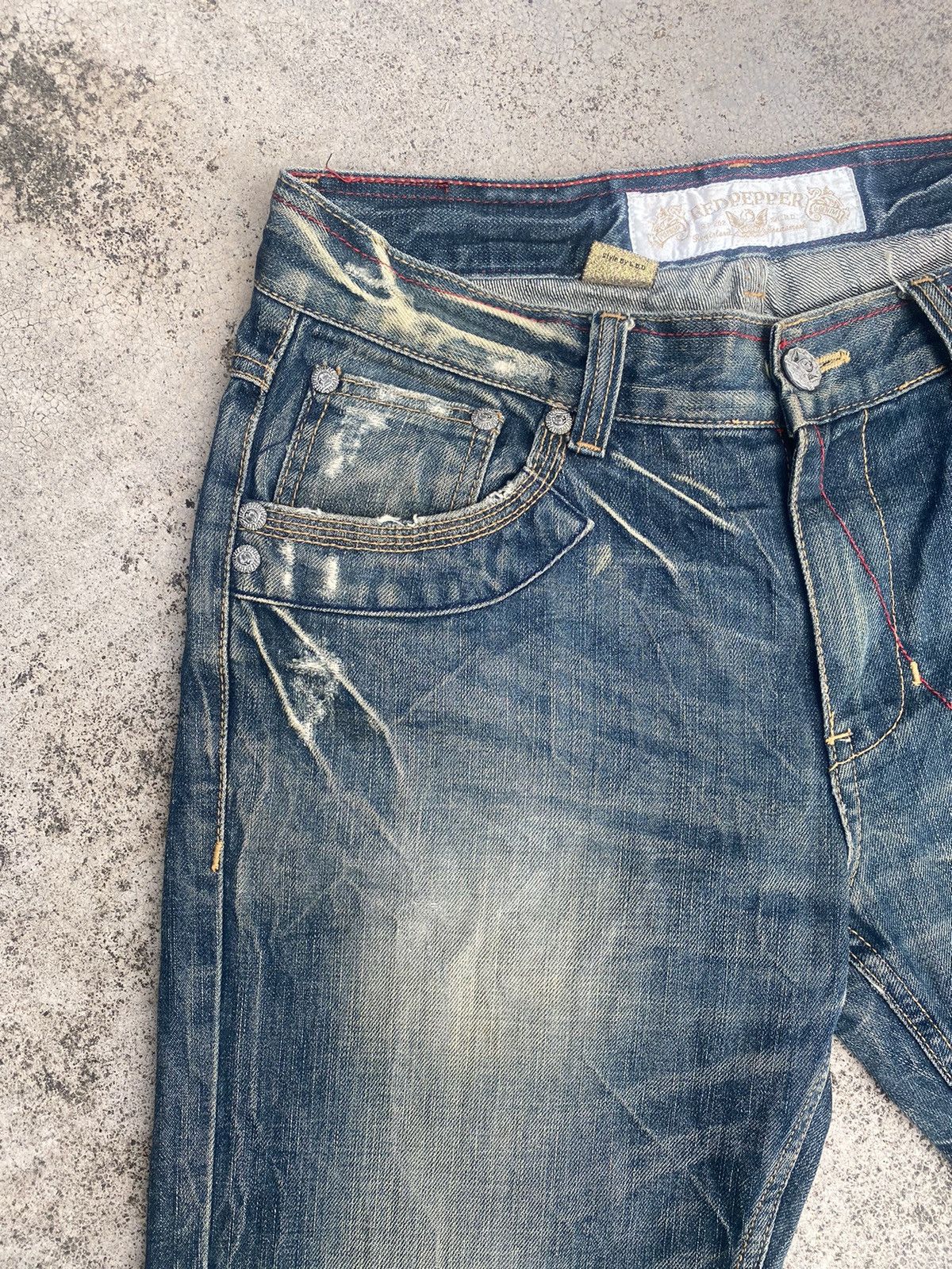 If Six Was Nine × Japanese Brand Flare Jeans Red Pepper Honeycomb Clawmark Splash Size US 33 - 8 Thumbnail