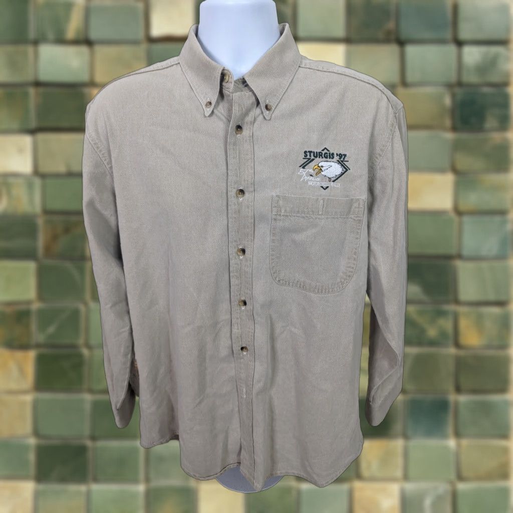 Denime VINTAGE Sturgis 1997 Khaki Denim Long Sleeve Button Shirt Motorcycle Men’s M L6M Shirt Mens M Beige Denim 1990s Button-Front Size US M / EU 48-50 / 2 - 1 Thumbnail