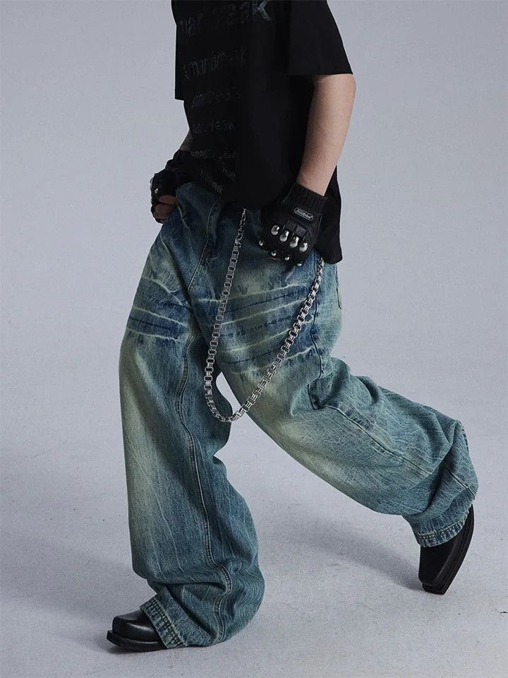 Washed Lightning Texture Cleanfit Loose Jeans