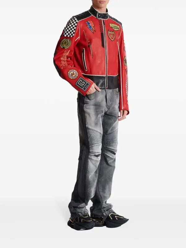 Balmain o1s1wg110925 Logo Applique Leather jacket in Red/Black Size US L / EU 52-54 / 3 - 4 Thumbnail