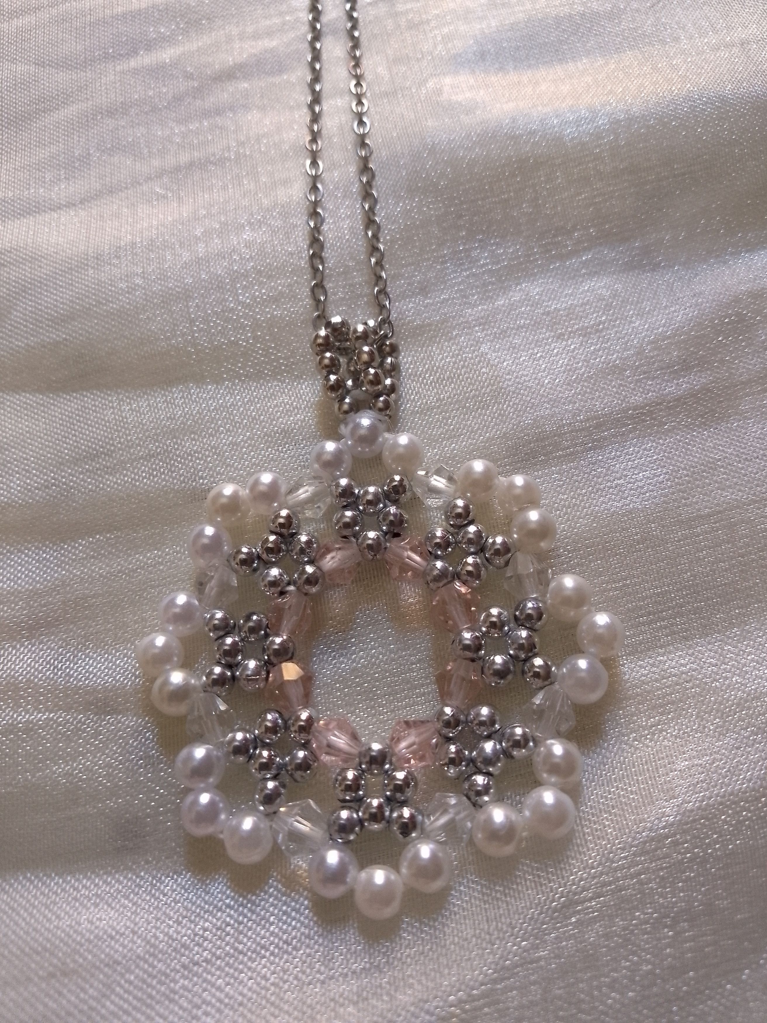 Handmade Necklace Beaded Flower Pendant Earrings Crystal Pearls Size ONE SIZE - 3 Thumbnail