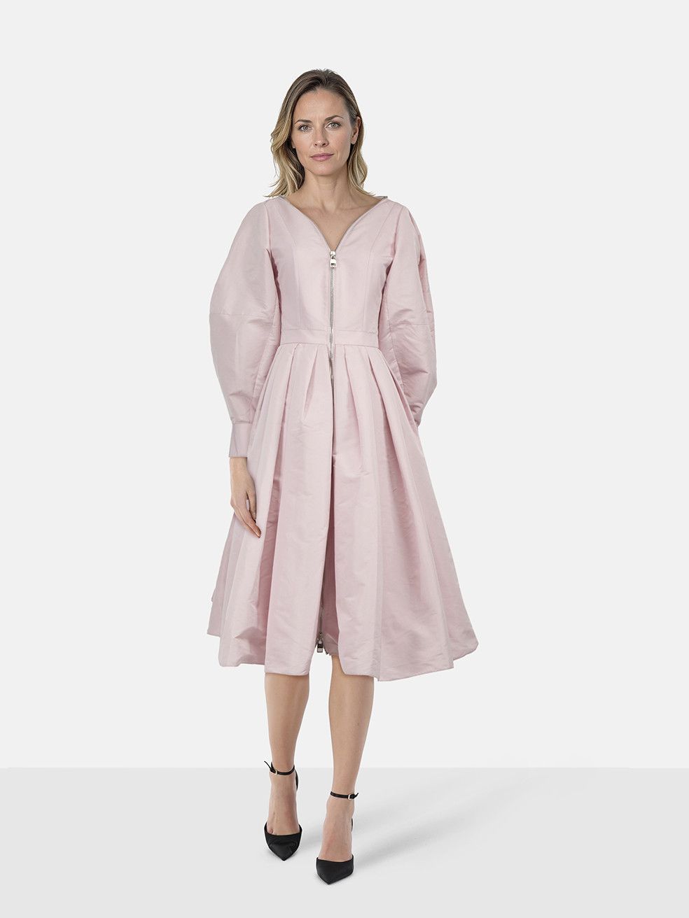Alexander McQueen Pink Puff-Sleeve Pleated Faille Midi Dress Size XS / US 0-2 / IT 36-38 - 1 Thumbnail