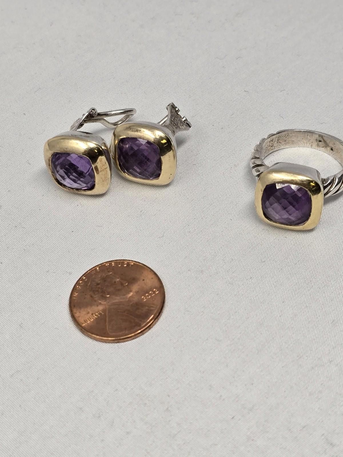 Other 925 Sterling & 18K Gold Amethyst Ring 7.5 + Earrings Set Size ONE SIZE - 1 Thumbnail