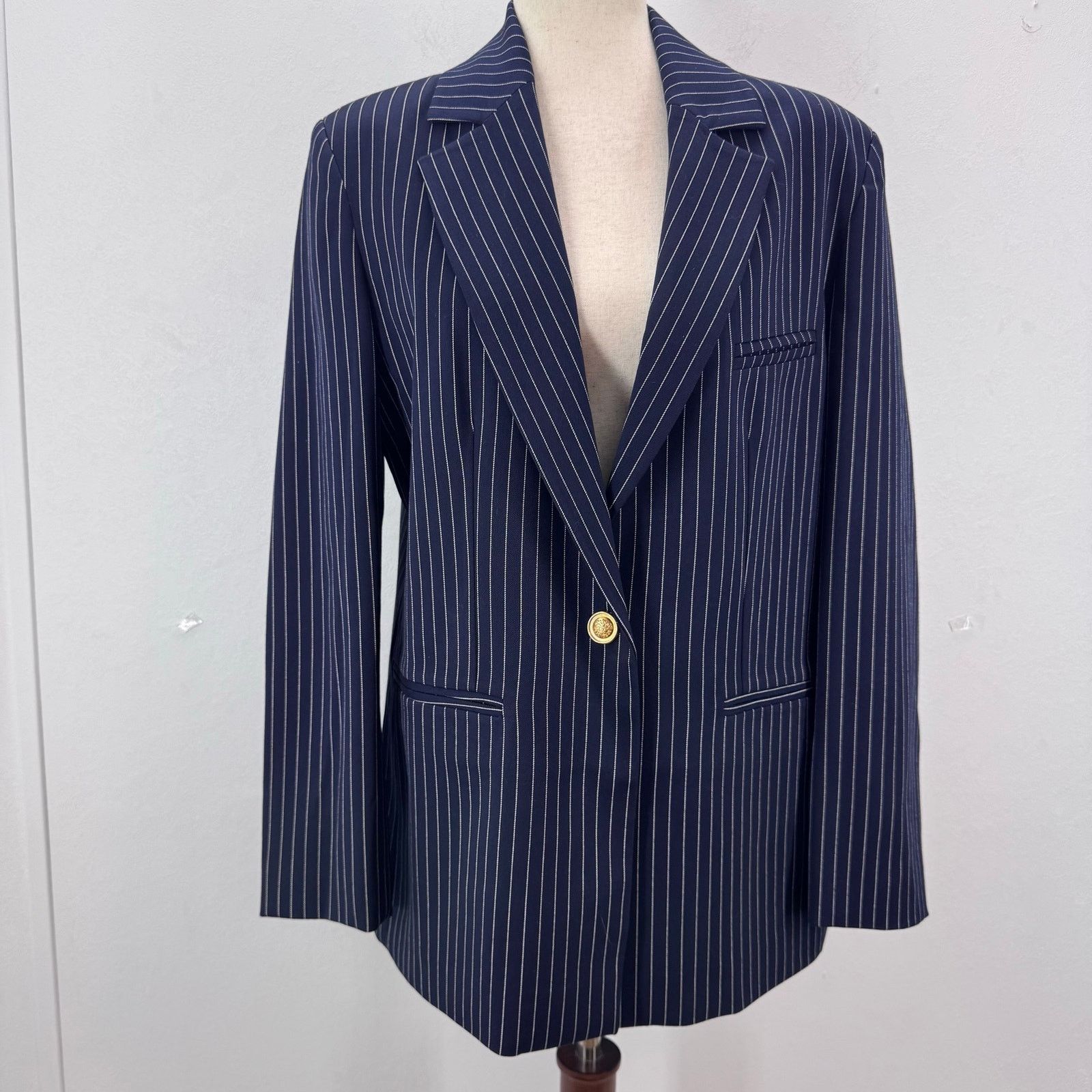 Nasty Gal NWT Nasty Gal Navy Blue Pinstripe Single Breasted Blazer Size XS / US 0-2 / IT 36-38 - 2 Thumbnail