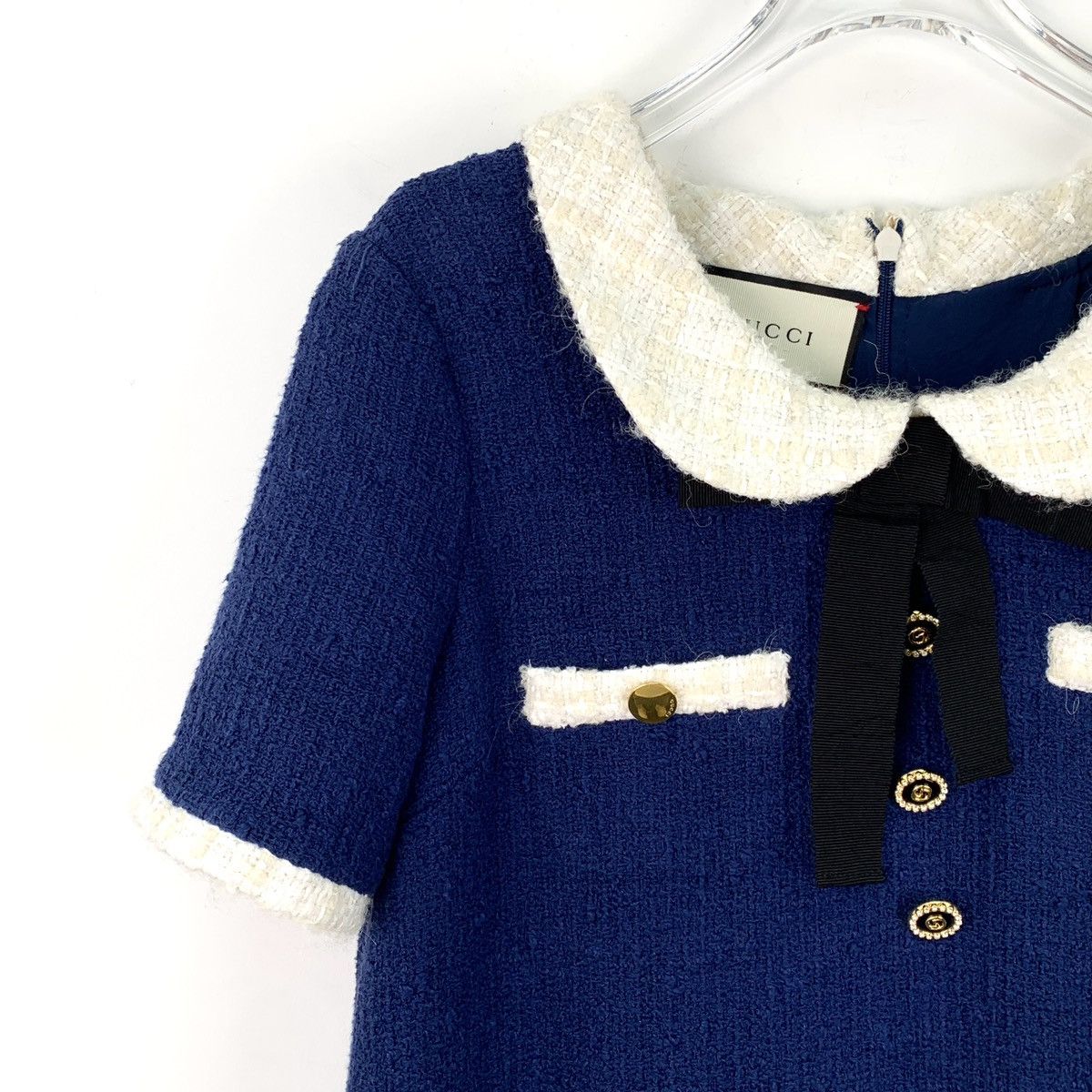 Gucci Gucci navy blue cotton babydoll collar bow woven tweed dress Size S / US 4 / IT 40 - 3 Thumbnail
