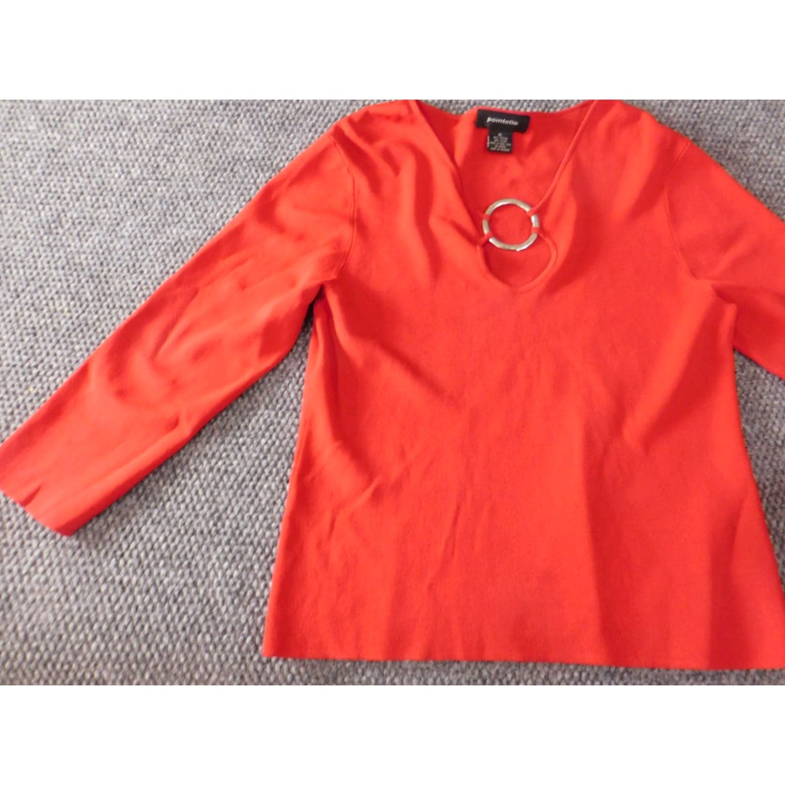 Vintage Pointelle Blouse Womens XL Red Crew Neck Long Sleeve Pullover Stretch Ruffle Casual Navy Size XL / US 12-14 / IT 48-50 - 3 Thumbnail