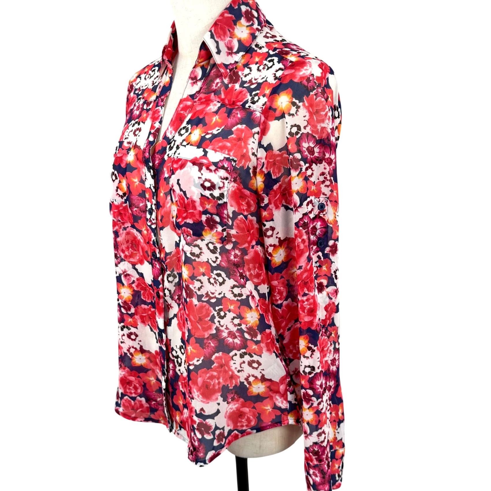 Express EUC Y2K Express Portofino XS Sheer Dark Floral Button Down Blouse RollTab Sleeve Boys? Womens Size XS / US 0-2 / IT 36-38 - 2 Thumbnail