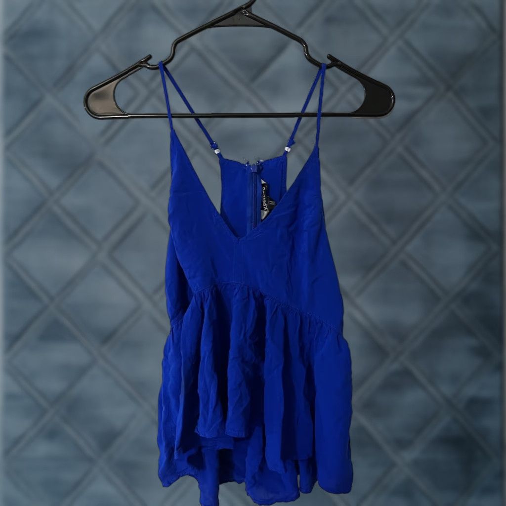 Express VINTAGE Express Camisole Blouse Sleeveless Spaghetti Strap V-Neck Size Small Women’s Blue Magenta Accents Strap 90s Concert Workwear Womens Size S / US 4 / IT 40 - 1 Thumbnail