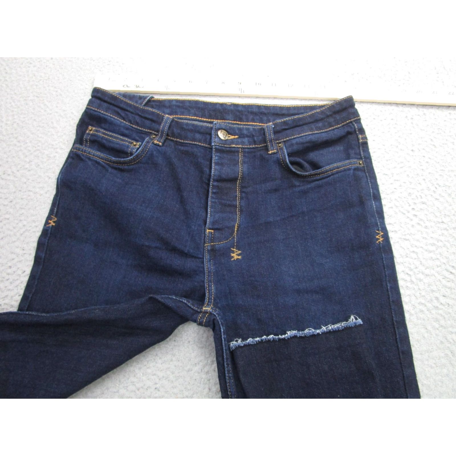 Ksubi Ksubi Jeans Mens 34 Dark Wash Slim Tapered Stretch Denim Button Fly Raw Hem Distressed Logo Mens Size US 34 / EU 50 - 4 Thumbnail