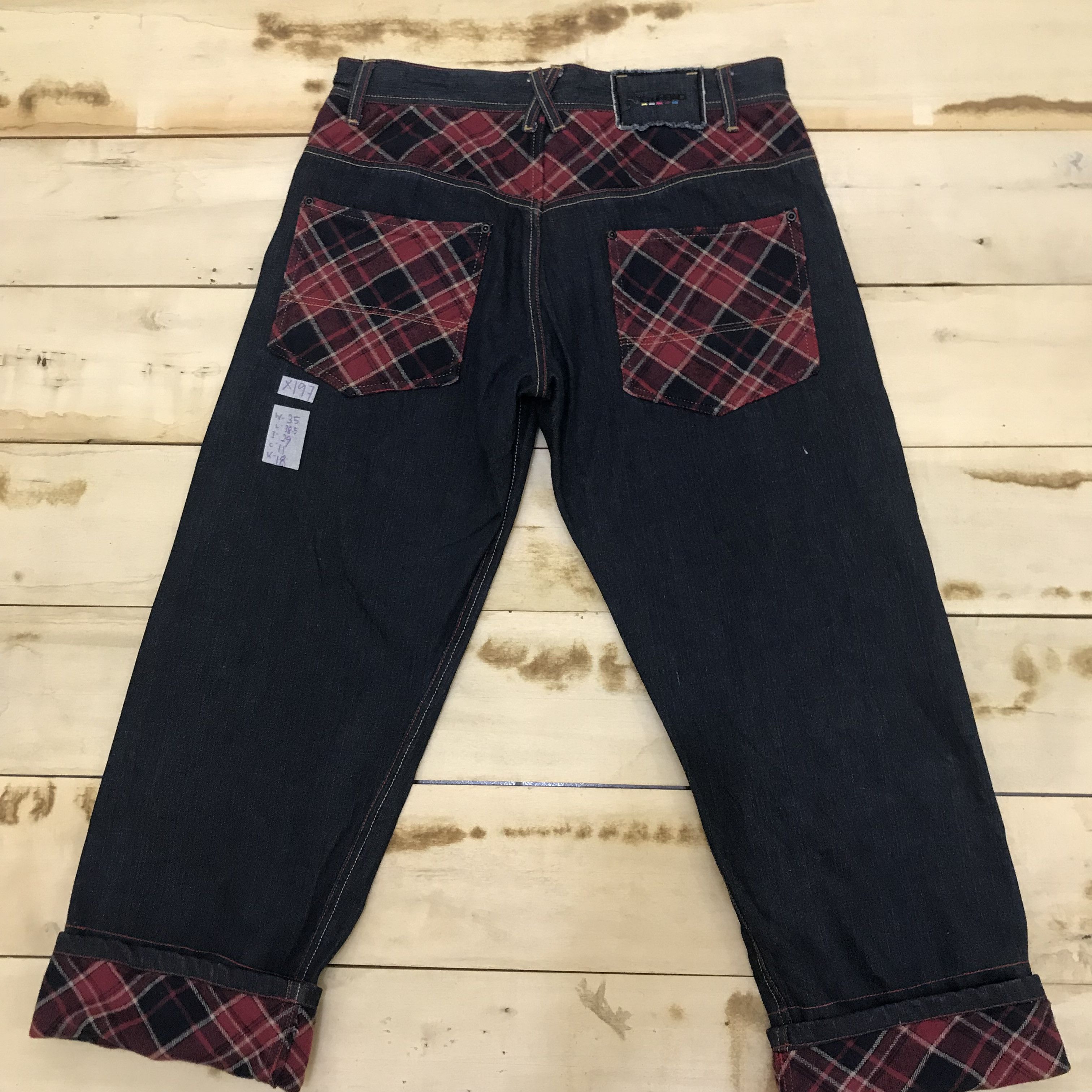 Japanese Brand X197 NEED GONE! BAGGY ZIPPER HYBRID TARTAN AND DENIM JEANS Size US 35 - 1 Thumbnail