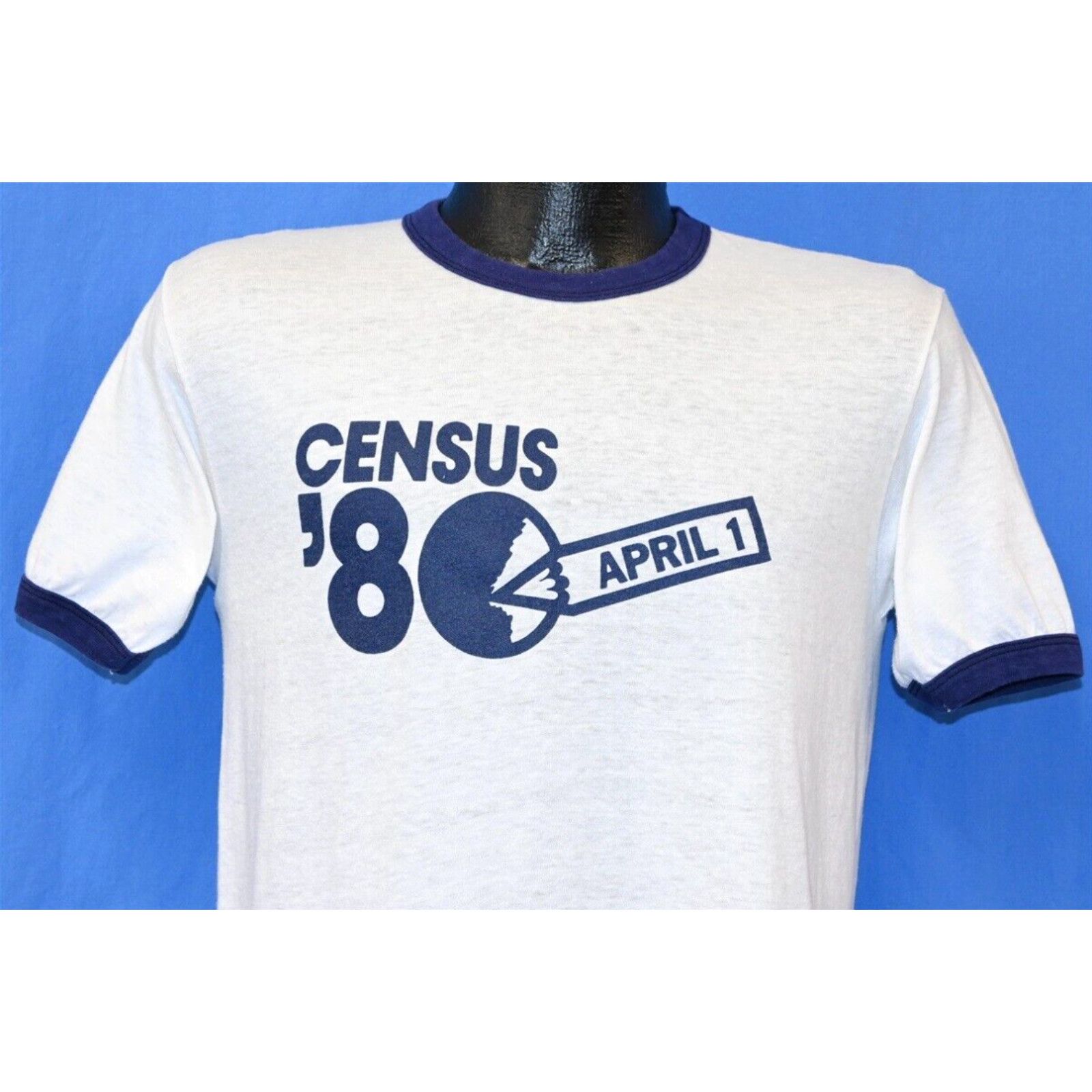 image of Hanes Vintage 80's Census 1980 April 1 United States Population Ringer T-Shirt Medium M in White