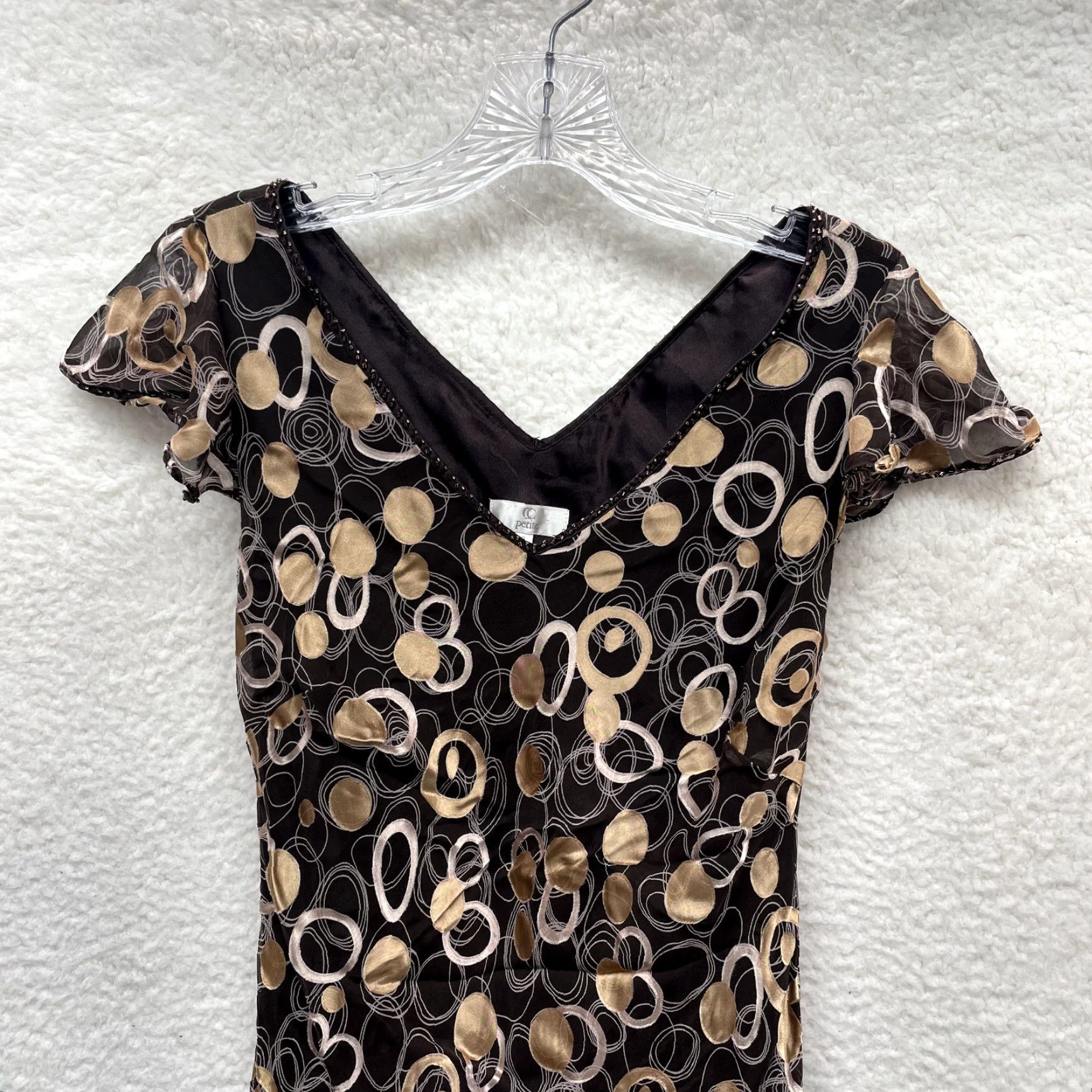 Vintage Y2K Vintage Silk Midi Dress 8 Medium Brown Pattern Beaded Boho Mod Cottagecore CC Women's Petite 8 Brown Bohemian Silk Midi Dress"} Size M / US 6-8 / IT 42-44 - 3 Thumbnail