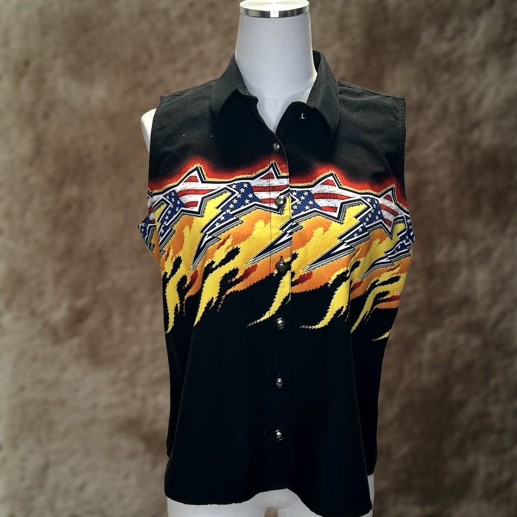 Vintage VINTAGE Panhandle Slim Vest Cowgirl Black USA Star Flames Sleeveless Medium Womens Size M / US 6-8 / IT 42-44 - 1 Thumbnail
