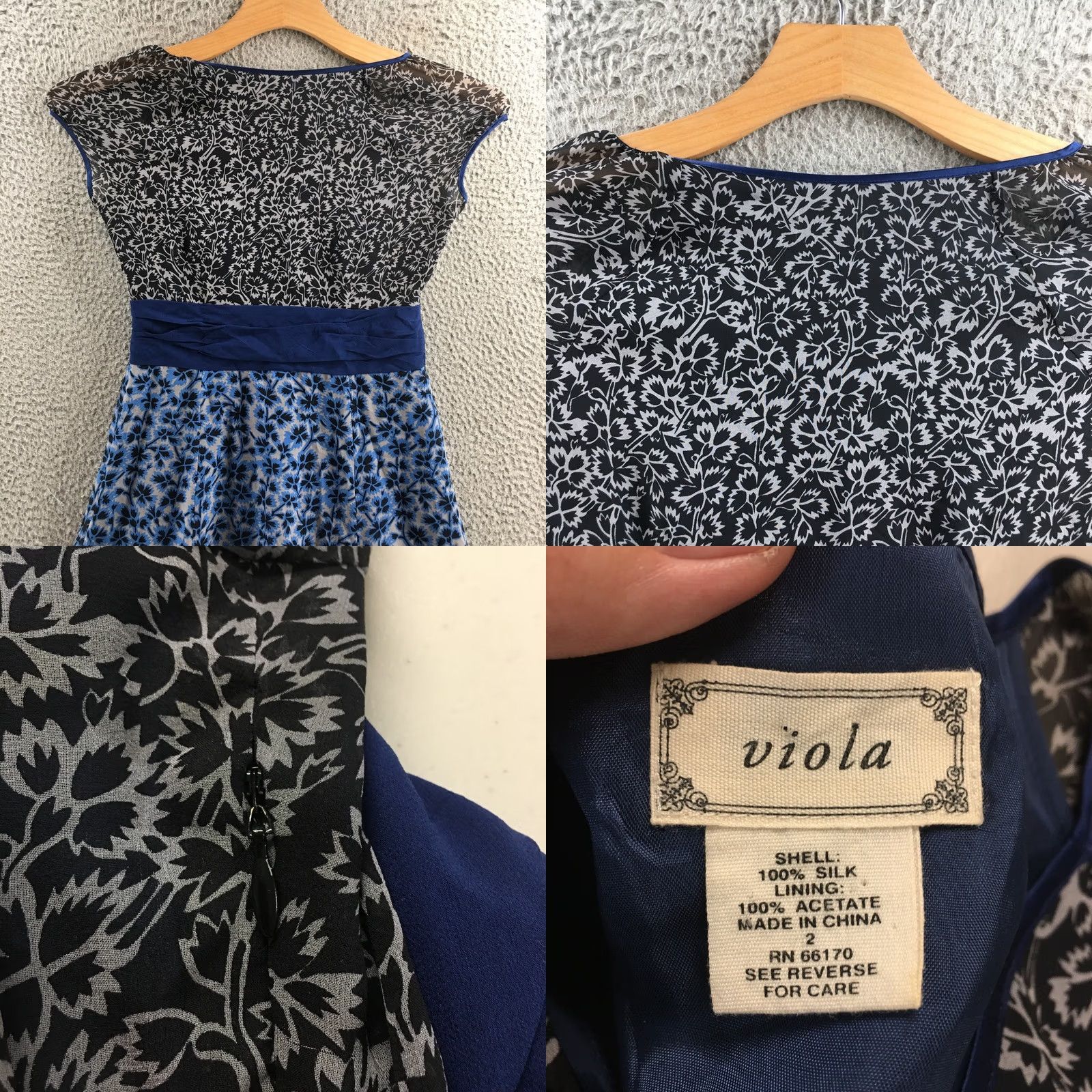 Vintage Viola Dress Blue/Black Floral Silk Empire Waist Fit & Flare Cap Sleeve Womens 2 Dress Size XS / US 0-2 / IT 36-38 - 8 Thumbnail