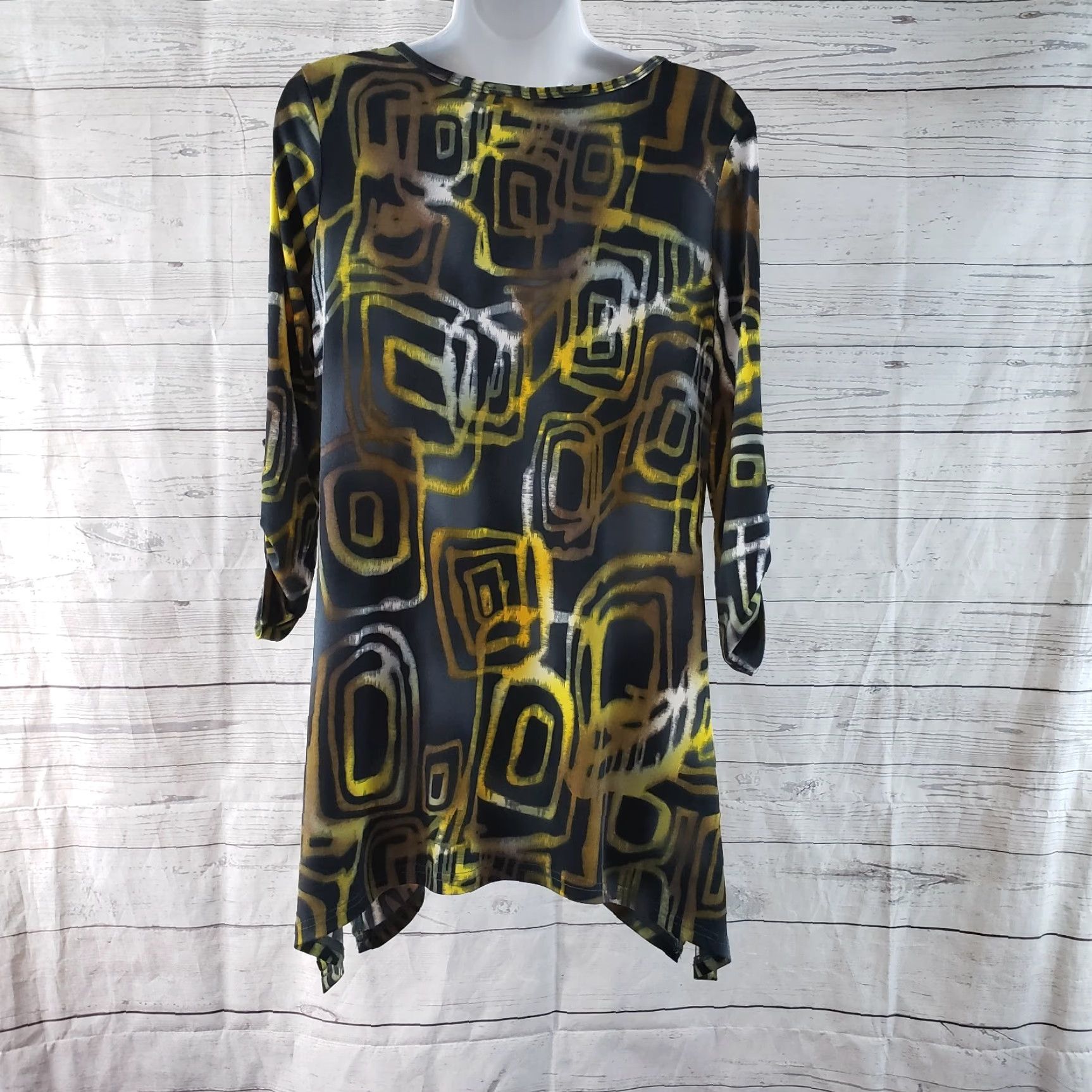 Vintage Lior Paris Womens Blouse Tunic Shirt 3/4 Sleeve V-Neck XS Small Black Yellow Geometric Pattern Size S / US 4 / IT 40 - 3 Thumbnail