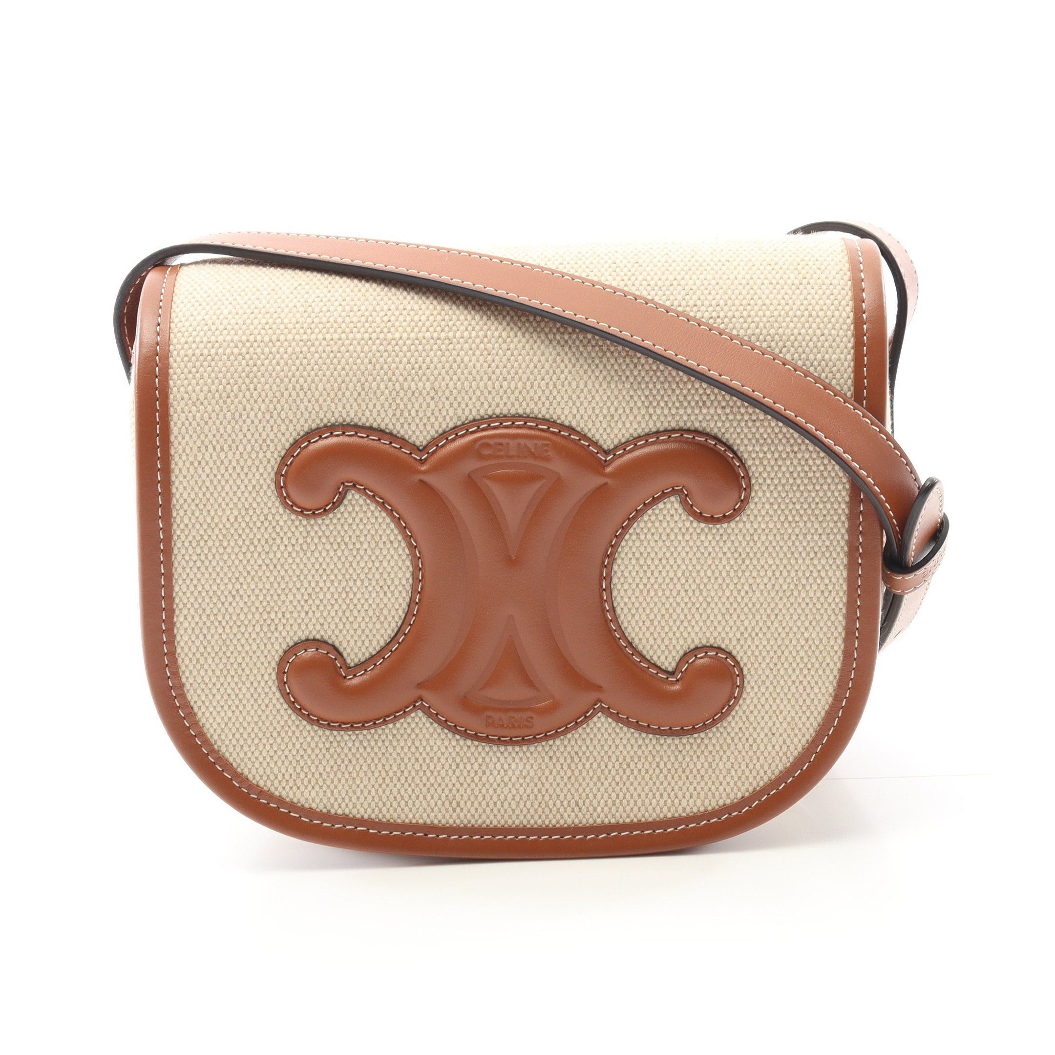 Celine Folco Cuill Triomphe Shoulder Bag Canvas Leather Beige Brown, Women's