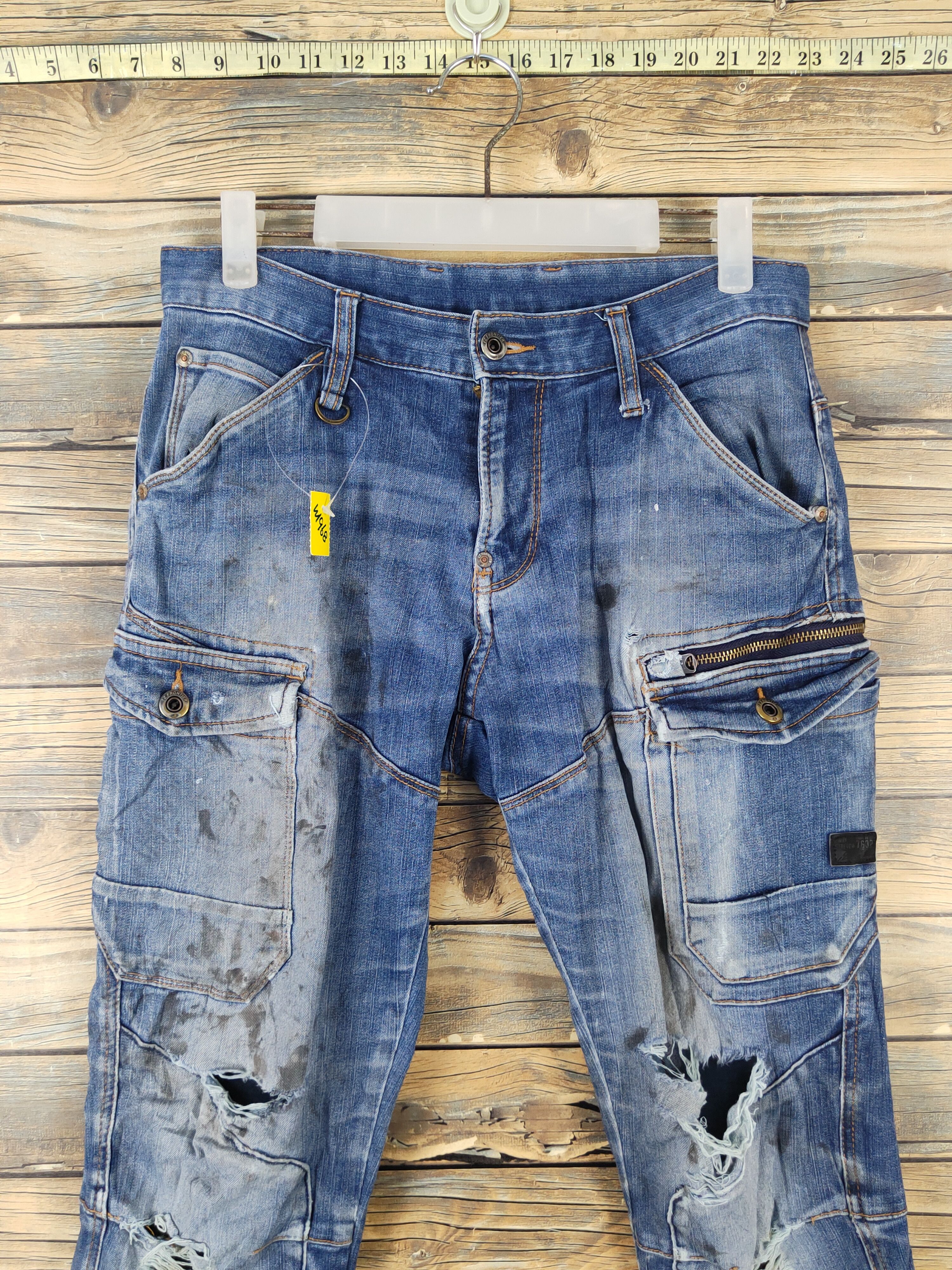 Japanese Brand I'z Frontier Dark Blue Distressed Ripped cargo Jeans #W1968 Size US 31 - 2 Thumbnail