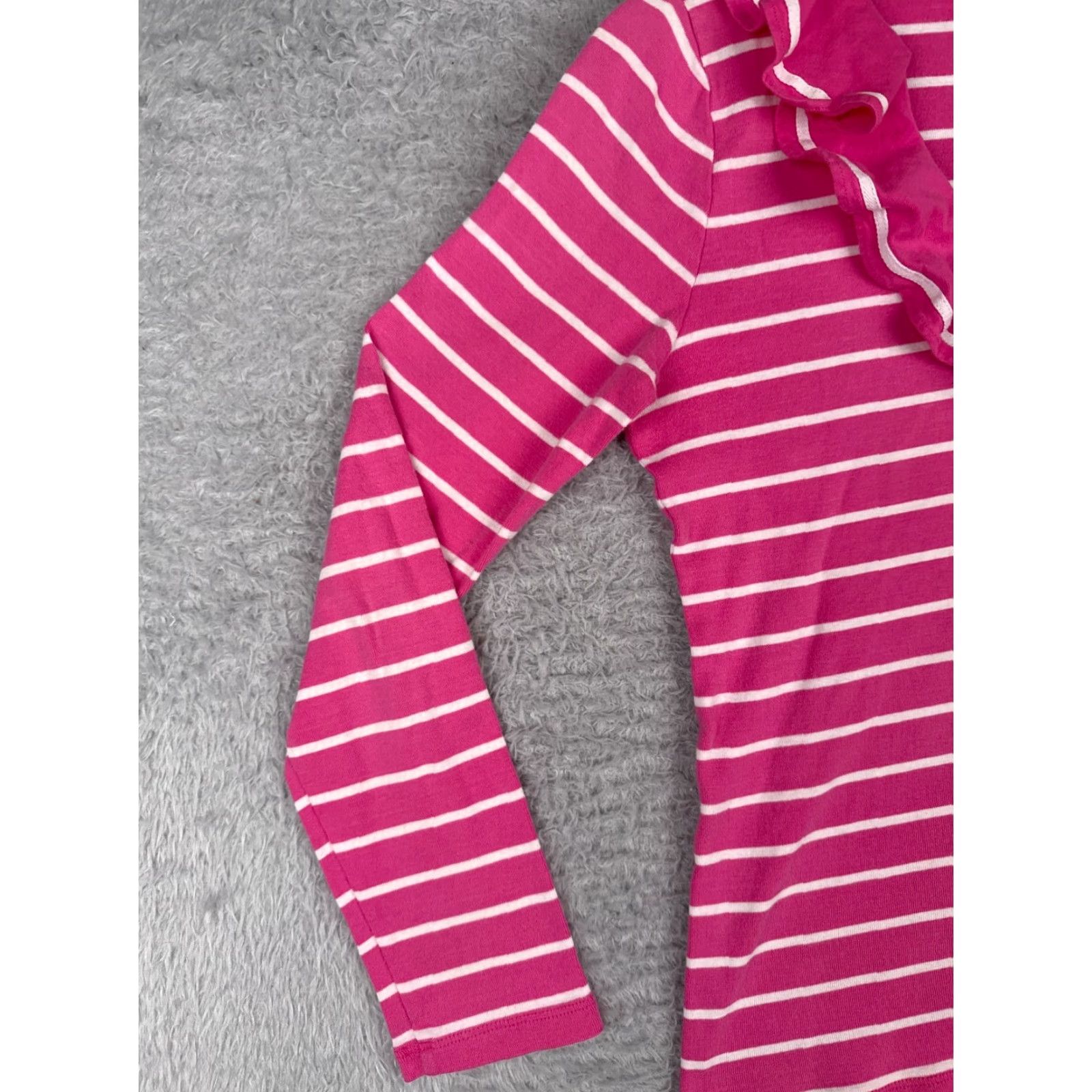 Ralph Lauren VINTAGE Lauren Ralph Lauren Shirt Women PM Petite Pink Striped Long Sleeve Cotton Pullover V-Neck Casual Ruffle Designer Size M / US 6-8 / IT 42-44 - 3 Thumbnail