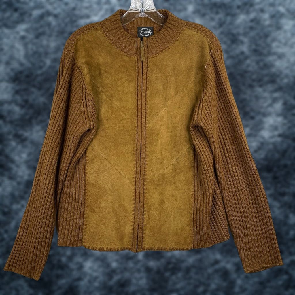 Vintage Designers Originals Zip Cardigan Sweater M Brown Leather Knit 80s /Knit Zipper Slim Women Size M / US 6-8 / IT 42-44 - 1 Thumbnail