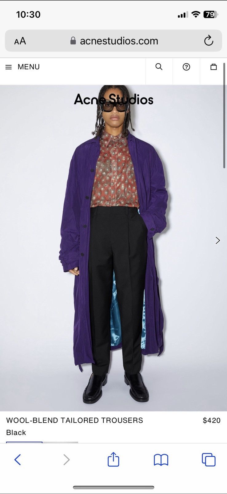 image of Acne Studios Pleated Black Tropical Wool Pants, Men's (Size 33)