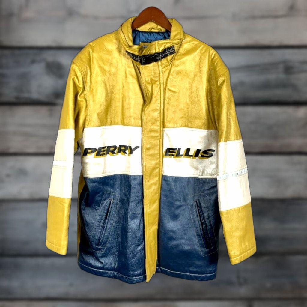 Perry Ellis America Leather Jacket Bomber Adult M Yellow Blue Striped 90s Hip Hop Vintage Mens