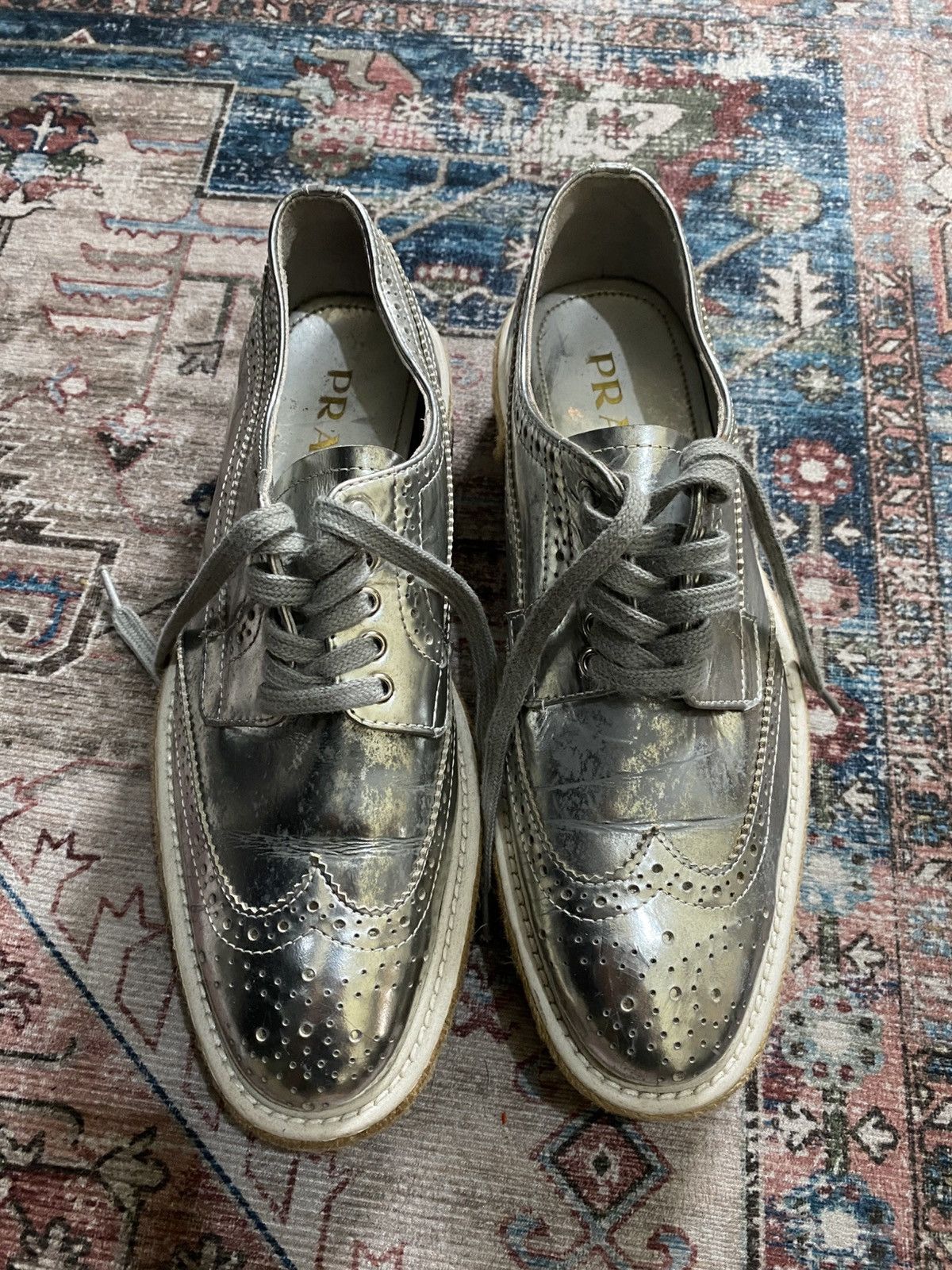 Prada Prada Platform Lace Up Silver Brogues Wedges Size US 9 / IT 39 - 2 Thumbnail