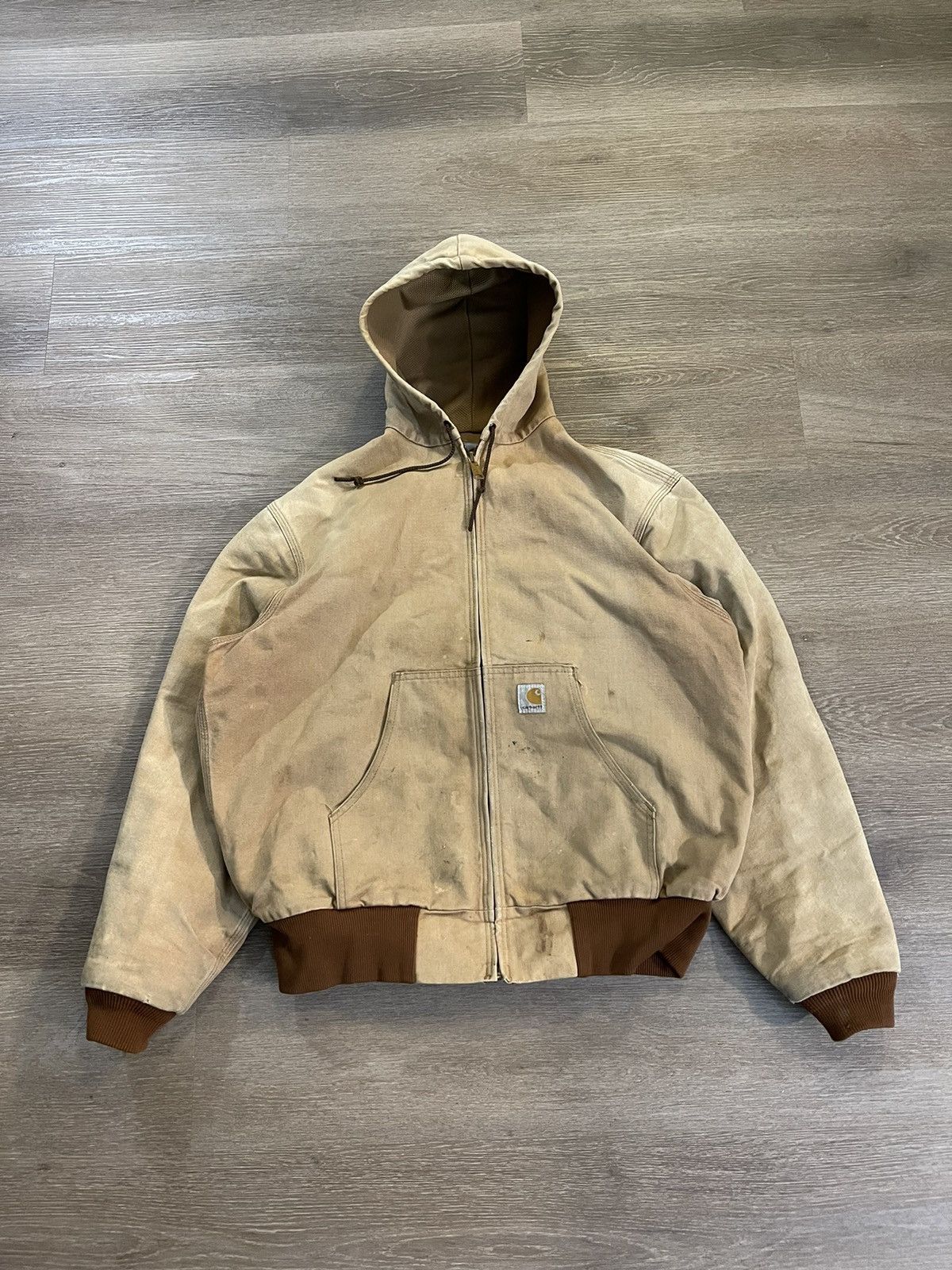 image of Y2K Distressed Tan Carhartt Jacket Paint Stains in Brown, Men's (Size Large)