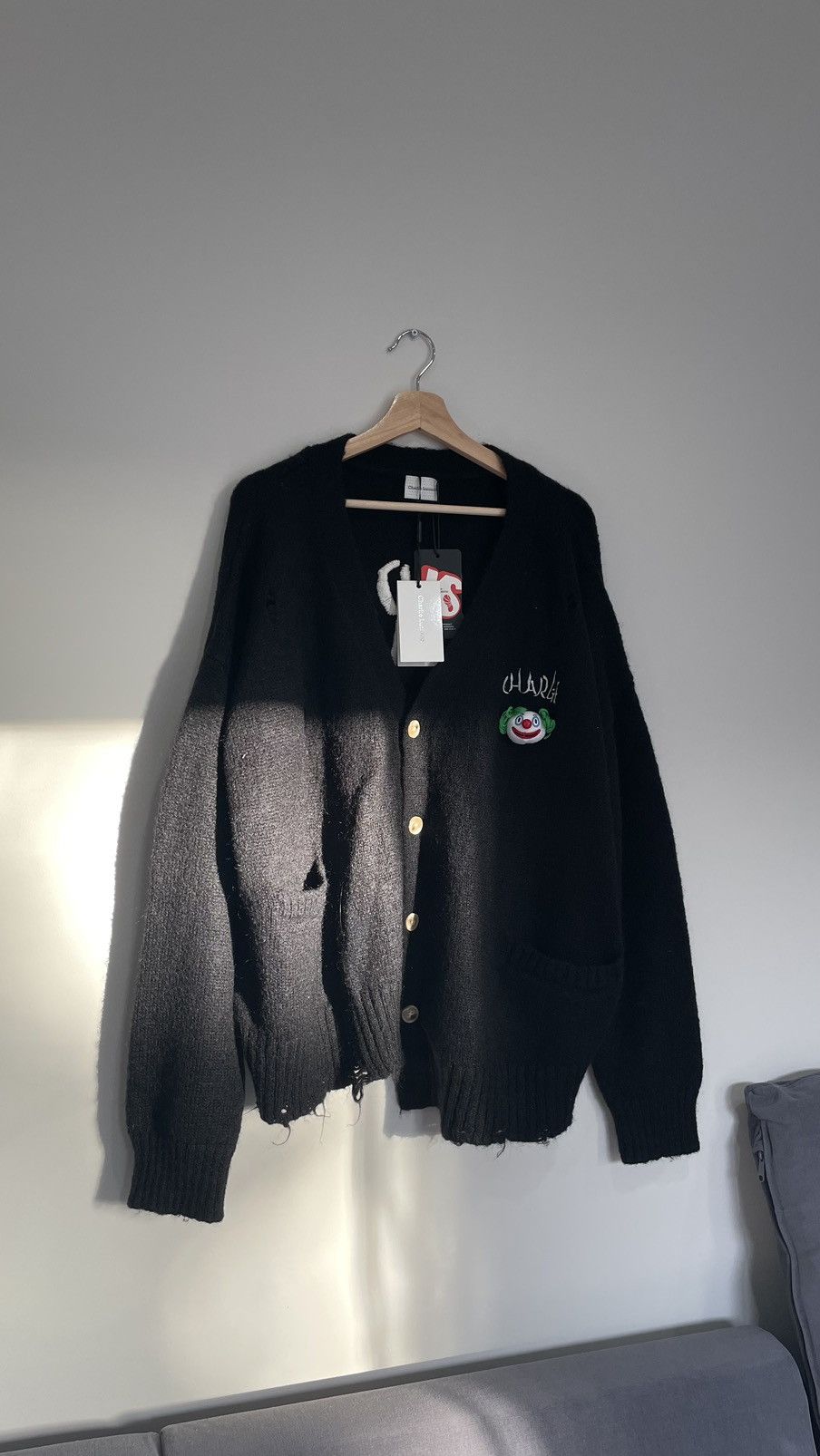 image of Charlie Luciano Destroyed Fringe Cardigan in Black, Men's (Size Small)