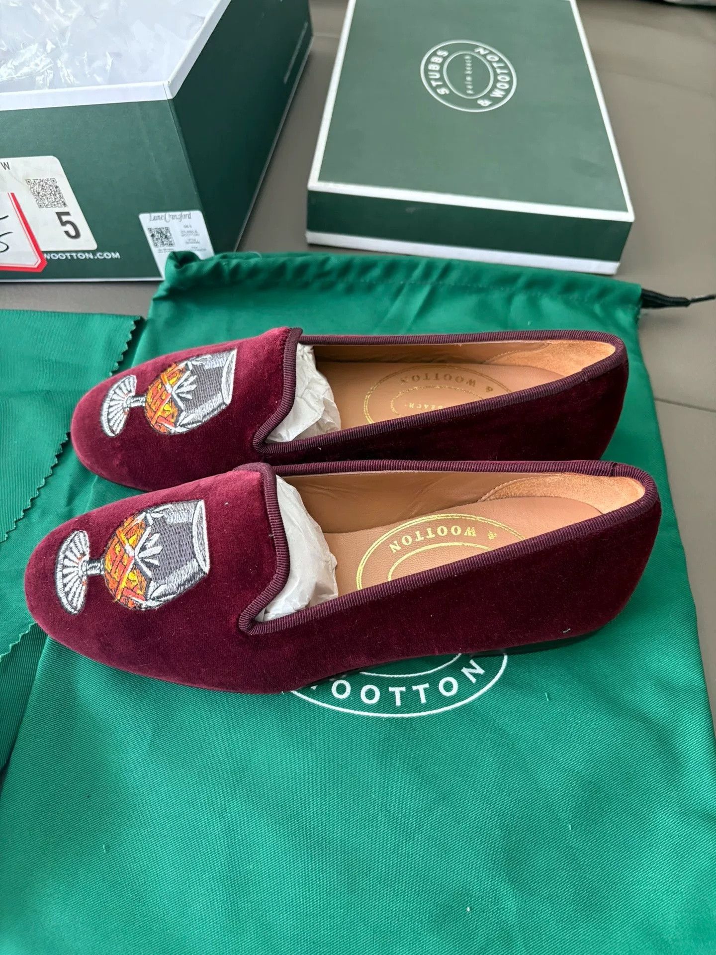 Stubbs & Wootton Wine Red Velvet Loafers, Women's (Size 5) — image 2 of 6