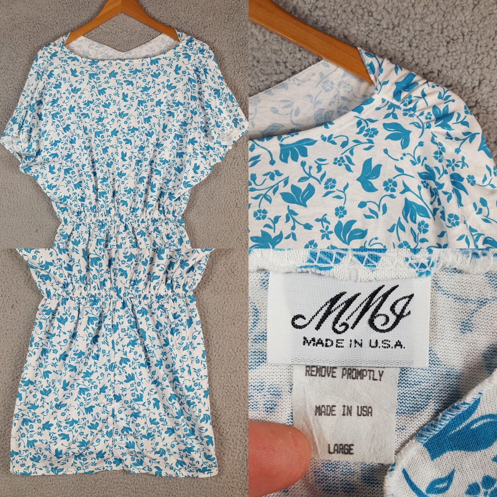 Vintage VINTAGE 80s Blue Flowers Floral Print Short Sleeve Mini Sun Dress Summer L Women MMG Casual Party/Cocktail Travel Size 36" / US 14 / IT 50 - 8 Thumbnail