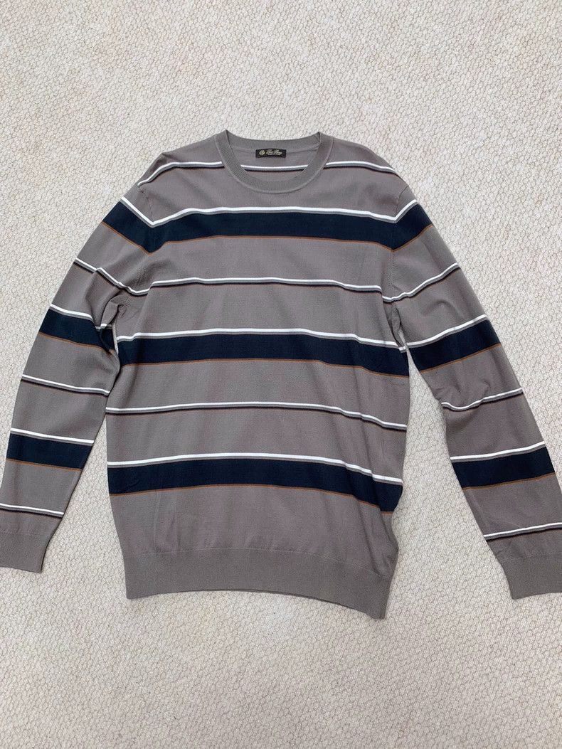 Loro Piana LORO PIANA Grey cotton fabric with dark blue thick stripe Size US M / EU 48-50 / 2 - 8 Thumbnail