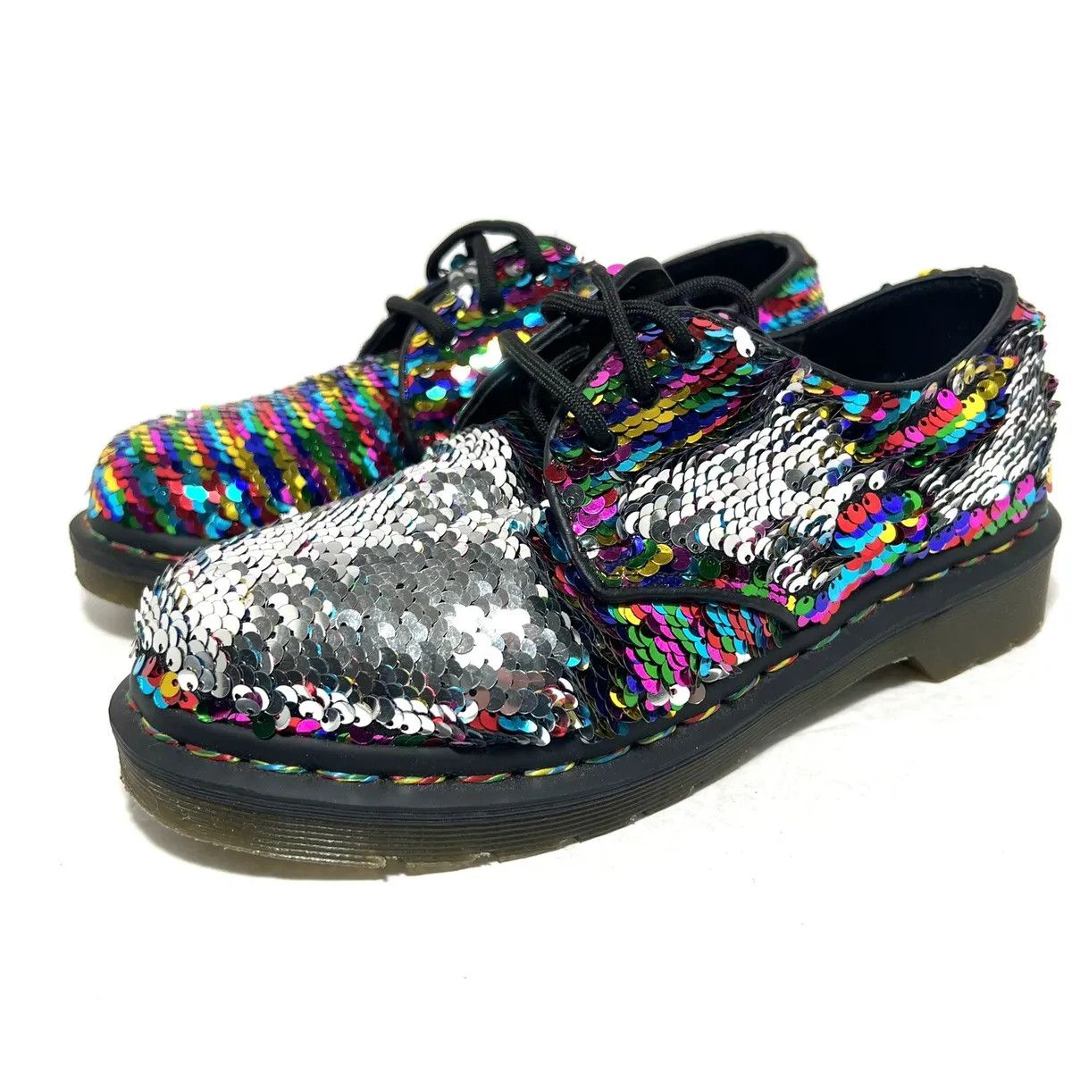 Dr. Martens 🌈 Dr Martens 1461 3 Loch Sequin Rainbow Silver Size US 7 / IT 37 - 7 Thumbnail