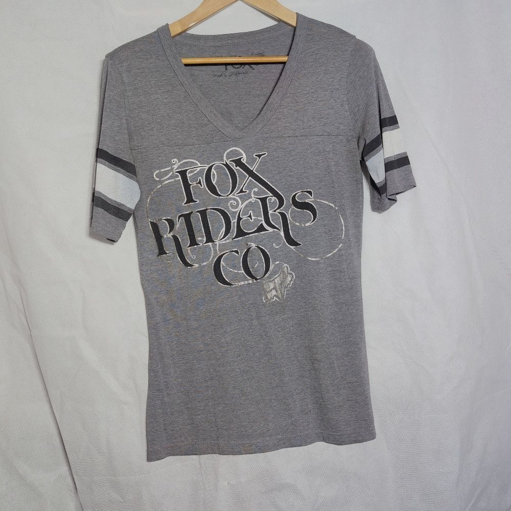 Fox Racing Fox Riders Motocross Sz XL Gray V-Neck Tee with Striped Sle Size XL / US 12-14 / IT 48-50 - 1 Thumbnail