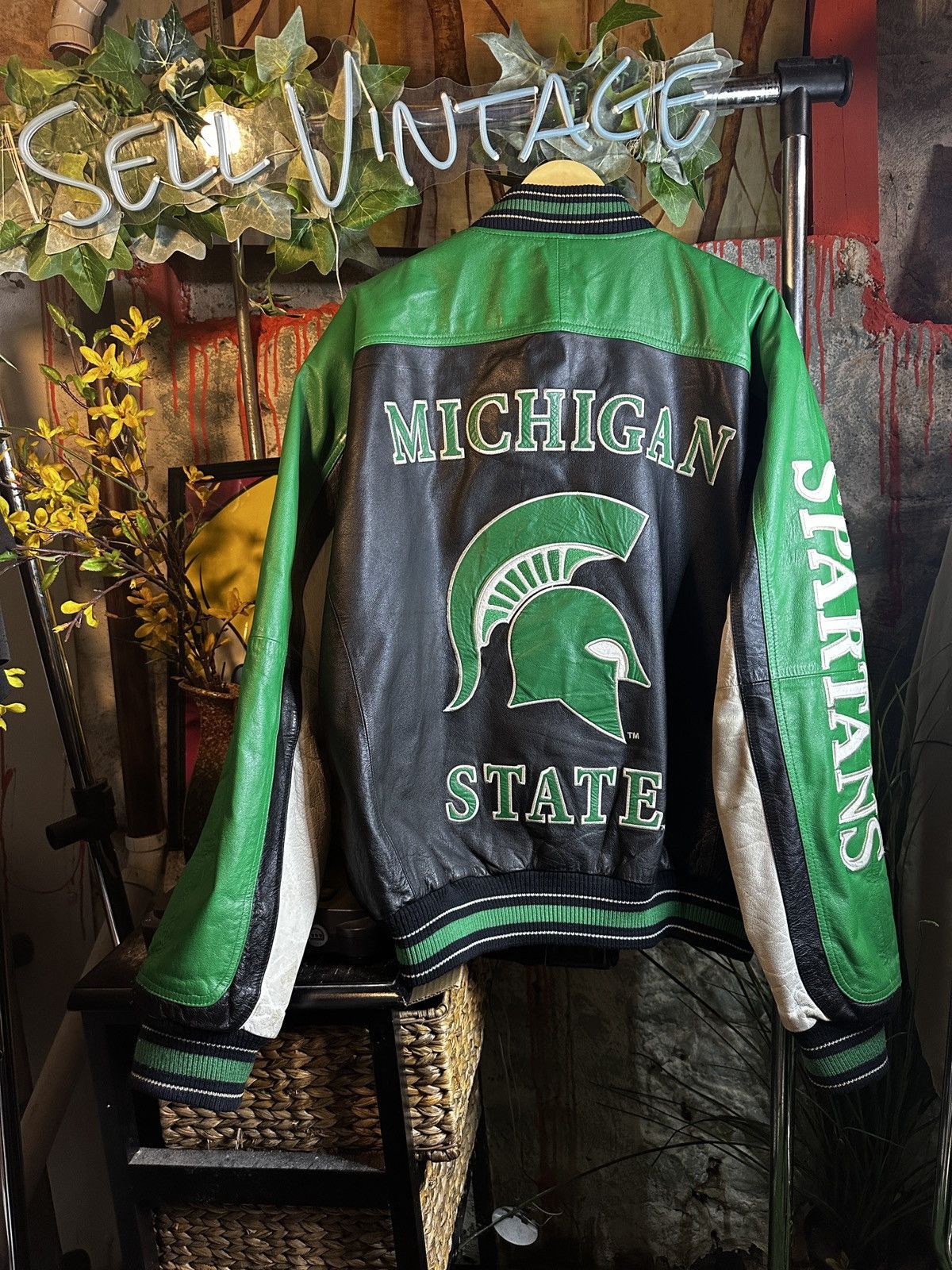 Image of Very Vintage 90's Michigan State Leather Jacket in Black, Men's (Size 2XL)