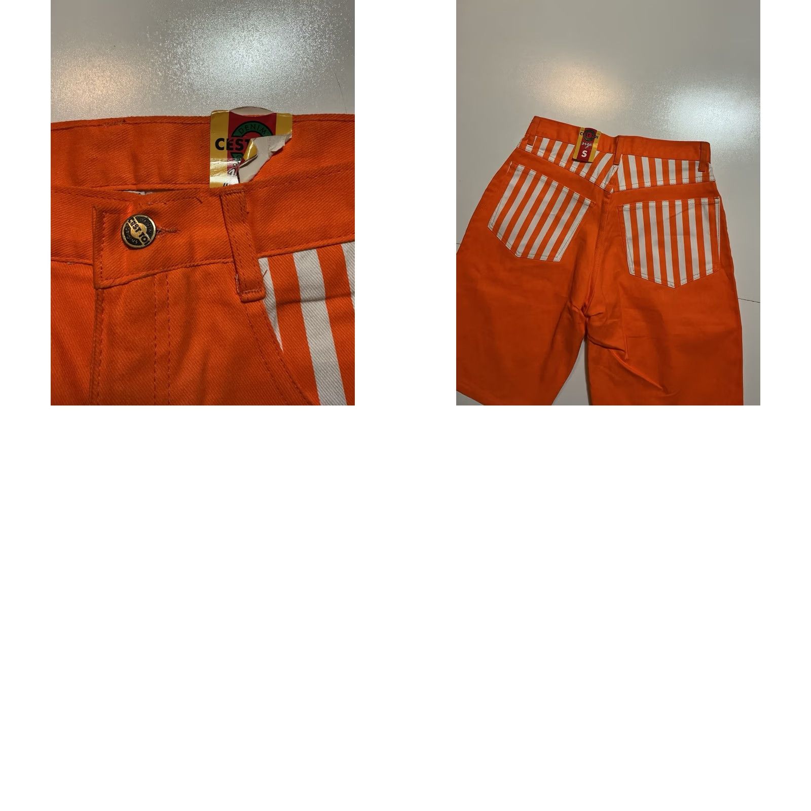 Vintage VINTAGE C’est Toi Denim Shorts Orange Striped Jean Shorts Sz S Unisex Fit 1990s Made In USA Men Women Boys Girls Size US 29 - 8 Thumbnail