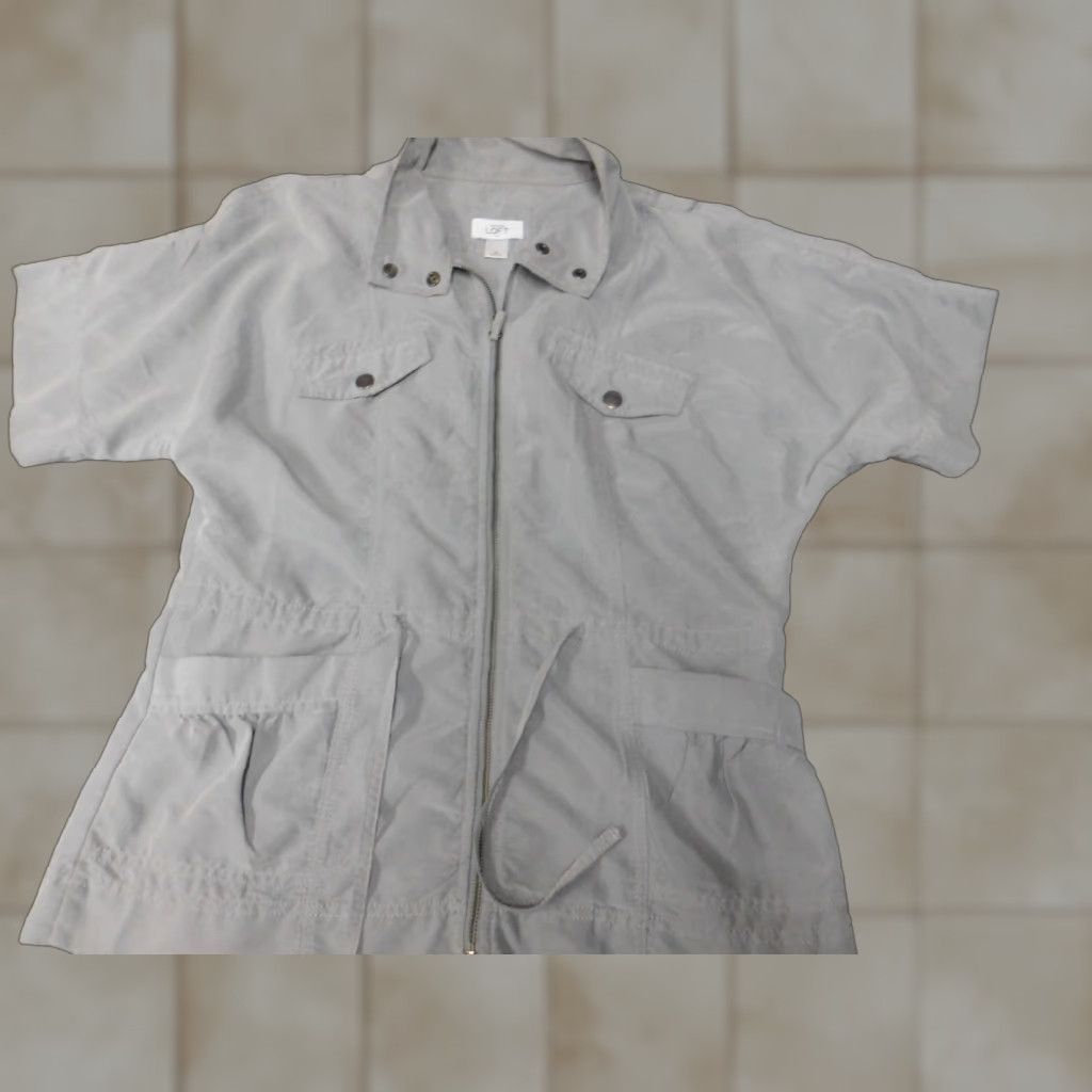 Ann Taylor Ann Taylor Loft Jacket Short Sleeve Gray Zip Modal Rayon Spring Fall Mid-Length Casual Women's M.jpg Size 32" / US 10 / IT 46 - 1 Thumbnail