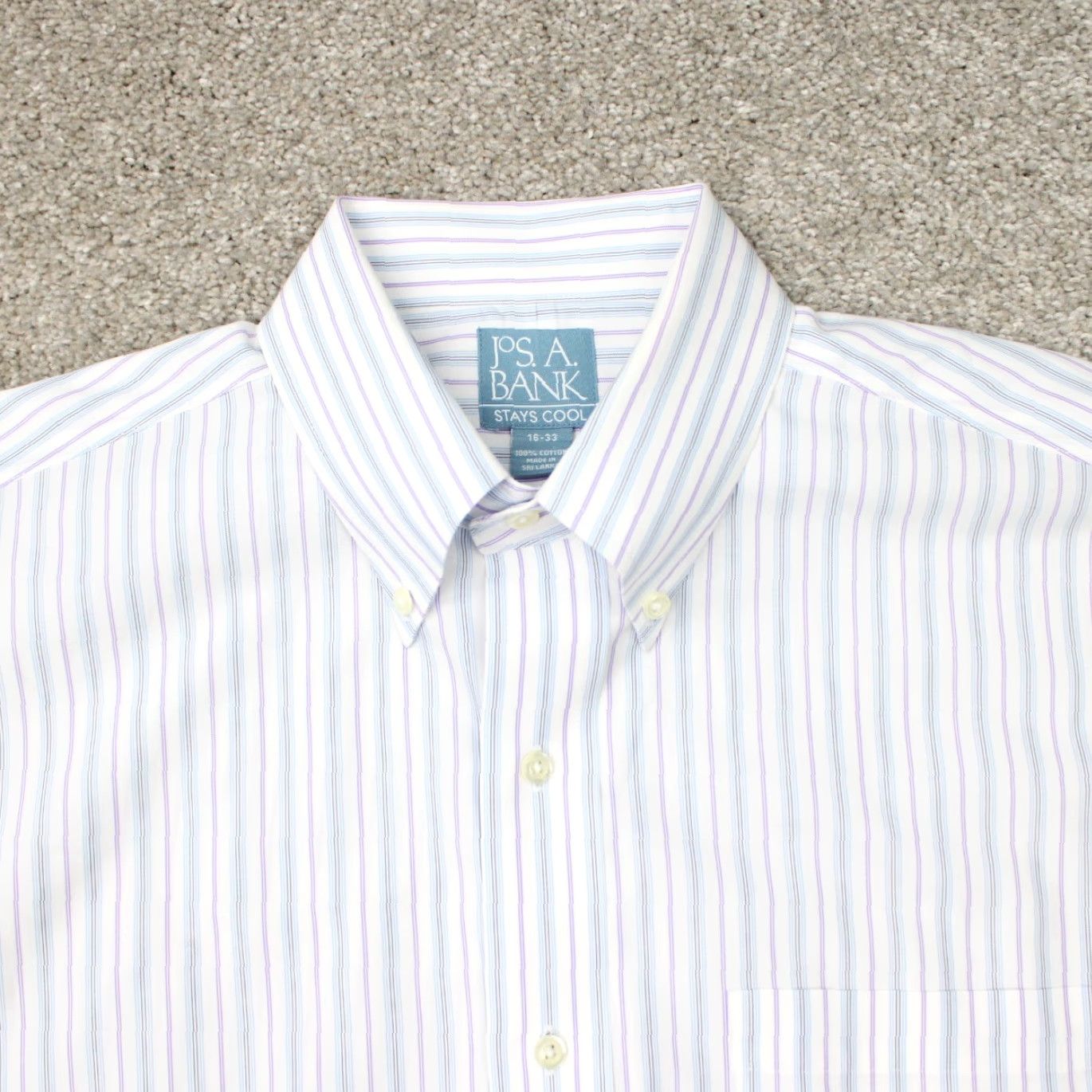 Jos. A. Bank Jos. A. Bank Shirt Mens 16, 33 White/Blue/Purple Striped 100% Cotton L/S Button-Down Collared Dress Shirt Regular Fit Size US L / EU 52-54 / 3 - 6 Thumbnail