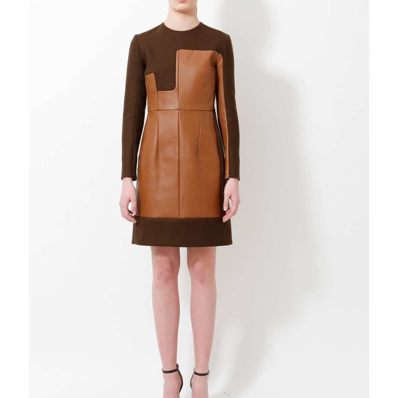 Celine FW 2011 Brown Wool & Buffalo Leather Dress Size M / US 6-8 / IT 42-44 - 1 Thumbnail