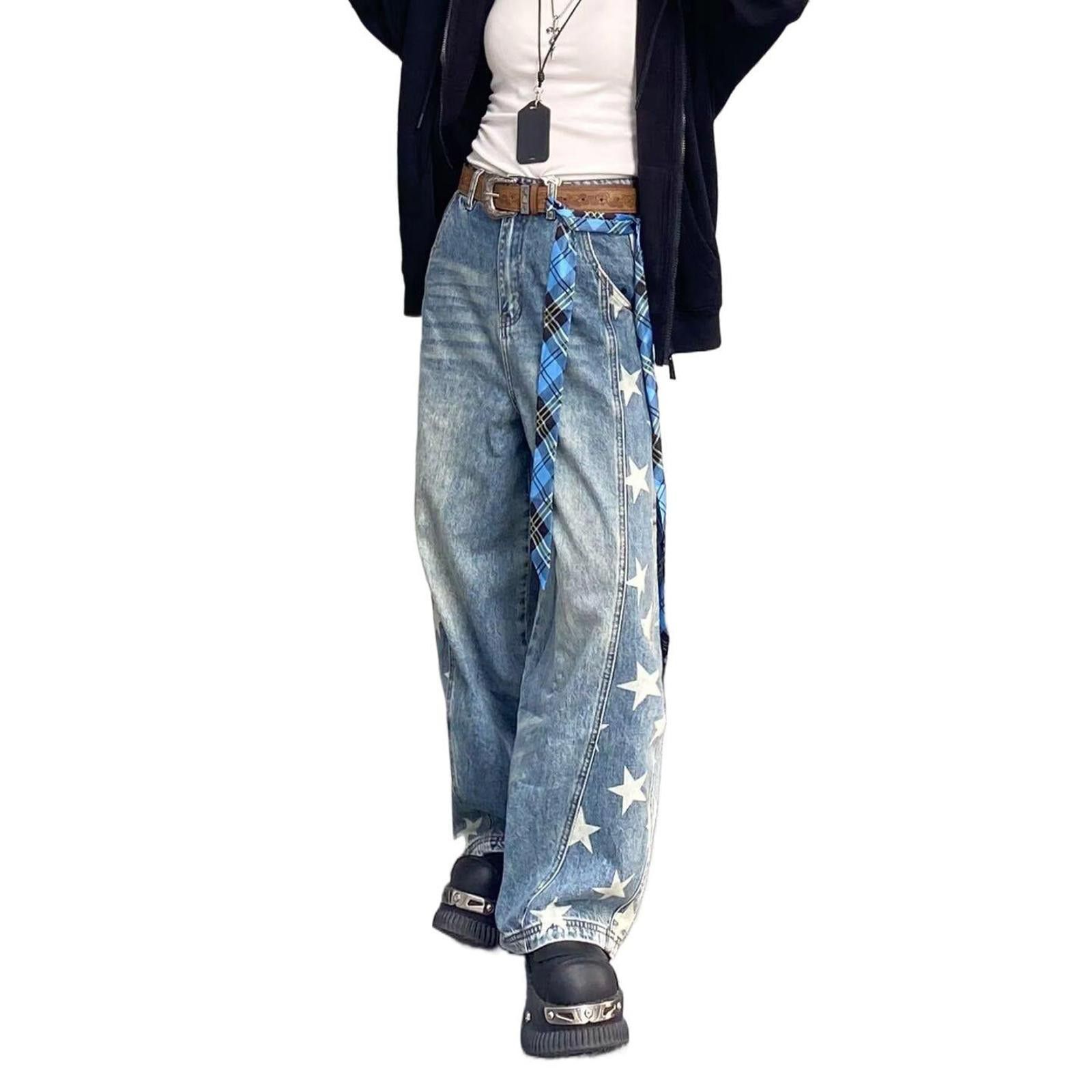 Vintage Blue Star Print Wide Leg Jeans, Baggy Denim Pants Size 28" / US 6 / IT 42 - 5 Thumbnail