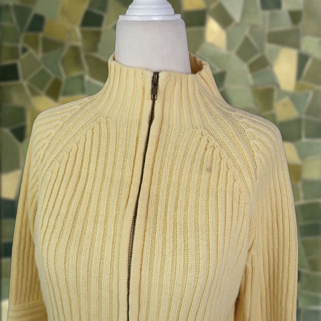 Vintage VINTAGE Christopher & Banks Yellow Rib Knit Zip Front Cardigan Sweater L Womens 90s Mock Neck Long Sleeve Solid Spring Cotton Ramie Size L / US 10 / IT 46 - 1 Thumbnail