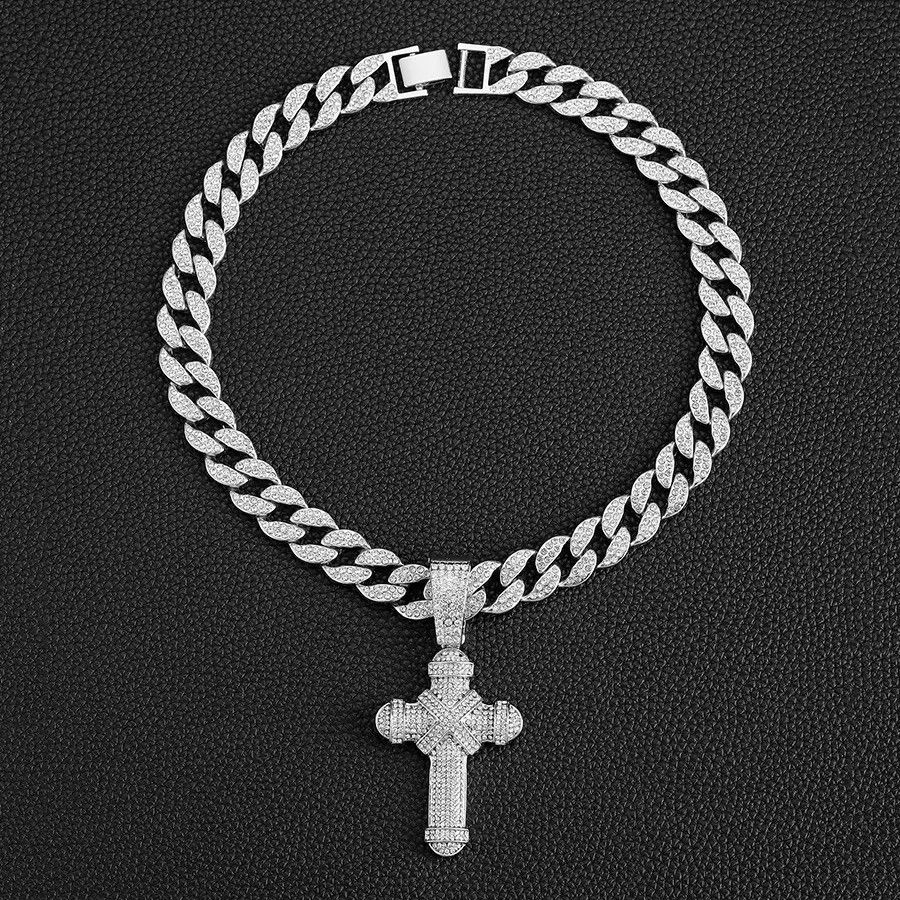 Jewelry 15mm Width Iced Cuban Chain & R.Stone Cross Pendant Necklace Size ONE SIZE - 3 Thumbnail