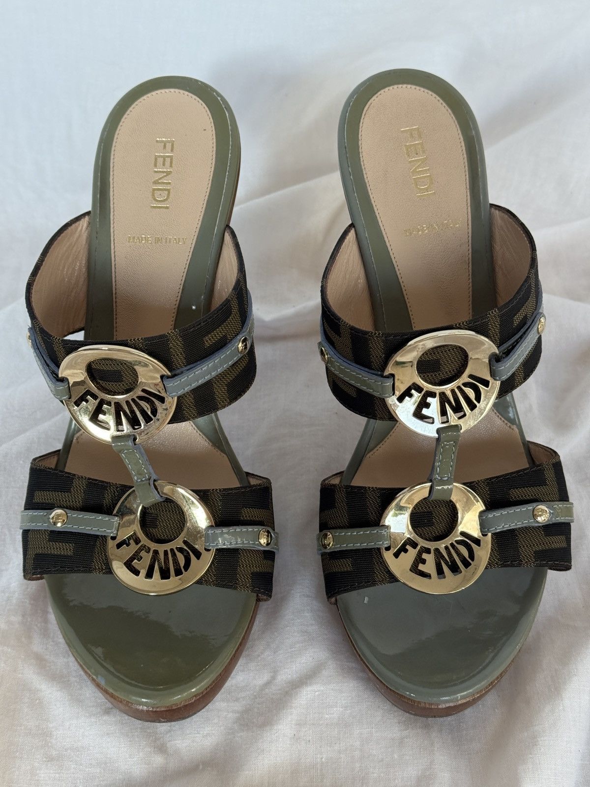 Fendi Fendi Tobacco Canvas Leather Trim Logo Wooden Mules Clogs Size US 7 / IT 37 - 3 Thumbnail