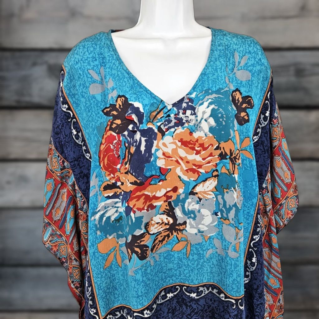 IOLANI Tolani Silk Blouse Shirt Womens Sz S Blue Floral V-Neck Poncho Style Top Size S / US 4 / IT 40 - 1 Thumbnail