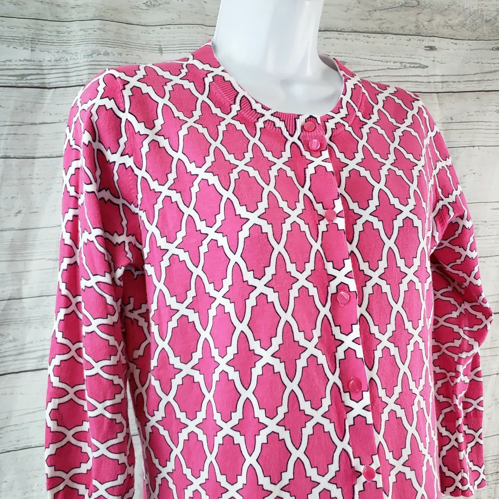 Vintage Crown & Ivy Womens Cardigan Sz Small Pink White Button Front 3/4 Sleeve Sh Size S / US 4 / IT 40 - 2 Thumbnail
