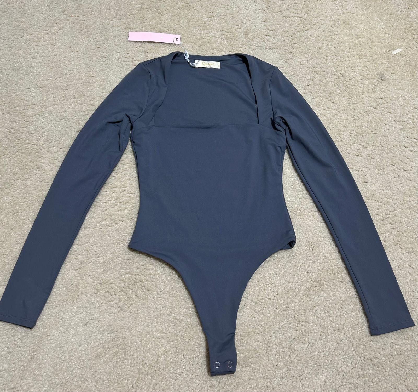 Designer Qinsen Long-Sleeve Square Neck Bodysuit, S, Charcoal Gray Size S / US 4 / IT 40 - 1 Thumbnail