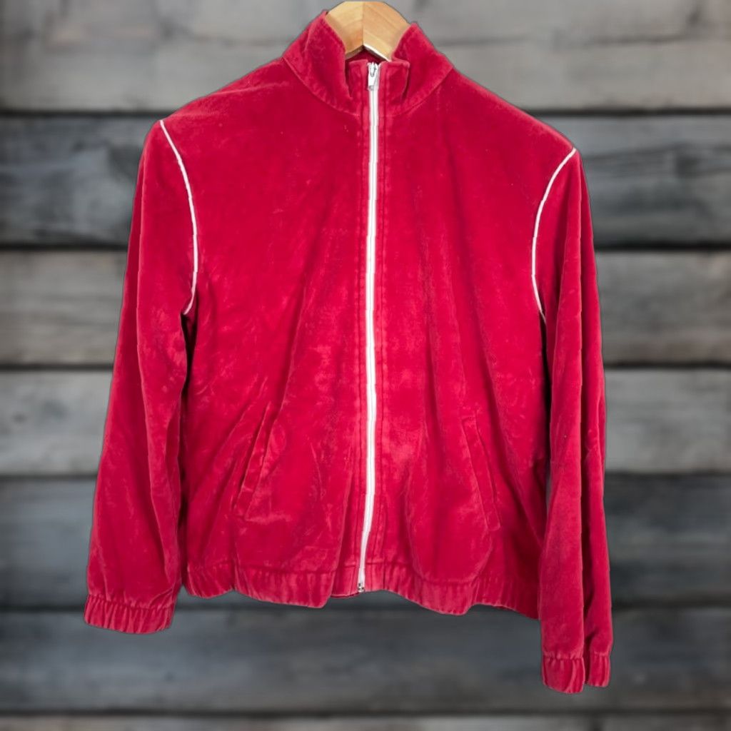 Pierre Cardin VINTAGE Pierre Cardin Velour Track Jacket Women Medium Dark Red White Retro Full Zip Unlined 80s Size M / US 6-8 / IT 42-44 - 1 Thumbnail